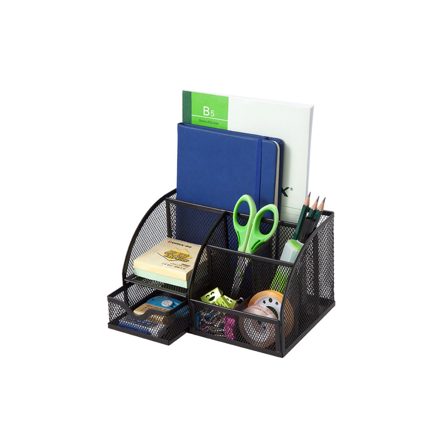 Moustache 7 Section Metal Mesh Office Desk Desktop Organizer Pencil Cup Holder, Black