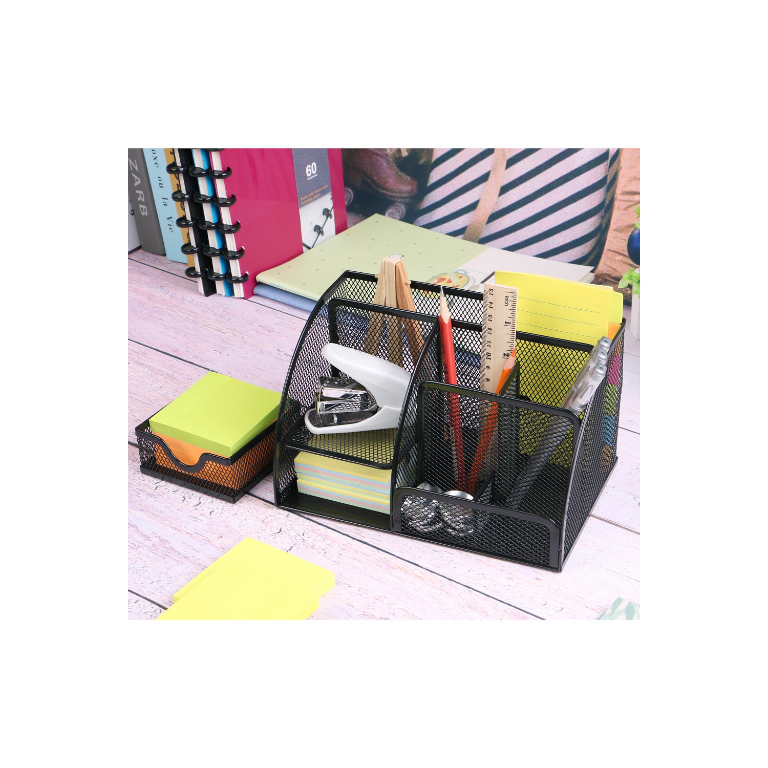 Moustache 7 Section Metal Mesh Office Desk Desktop Organizer Pencil Cup Holder, Black