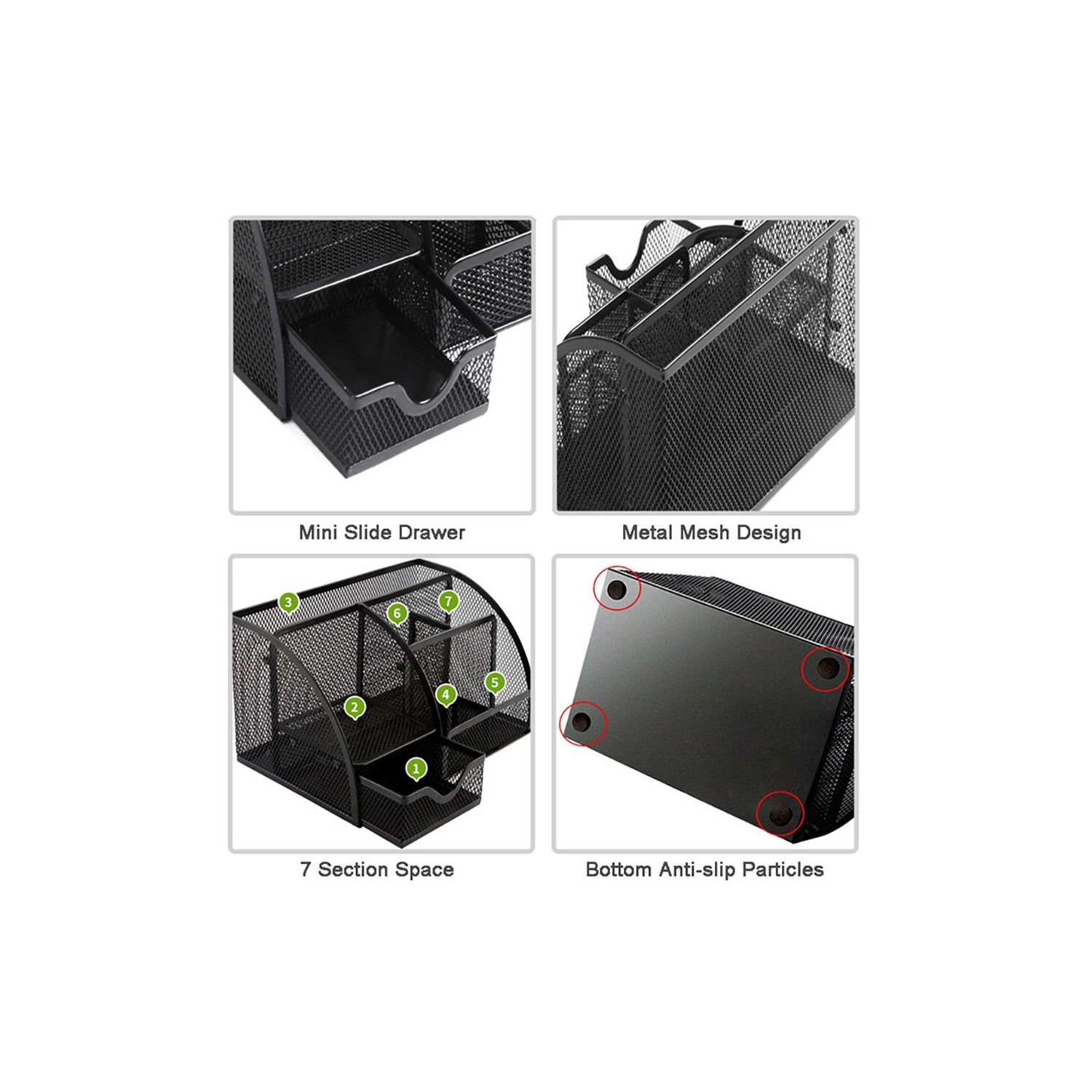 Moustache 7 Section Metal Mesh Office Desk Desktop Organizer Pencil Cup Holder, Black