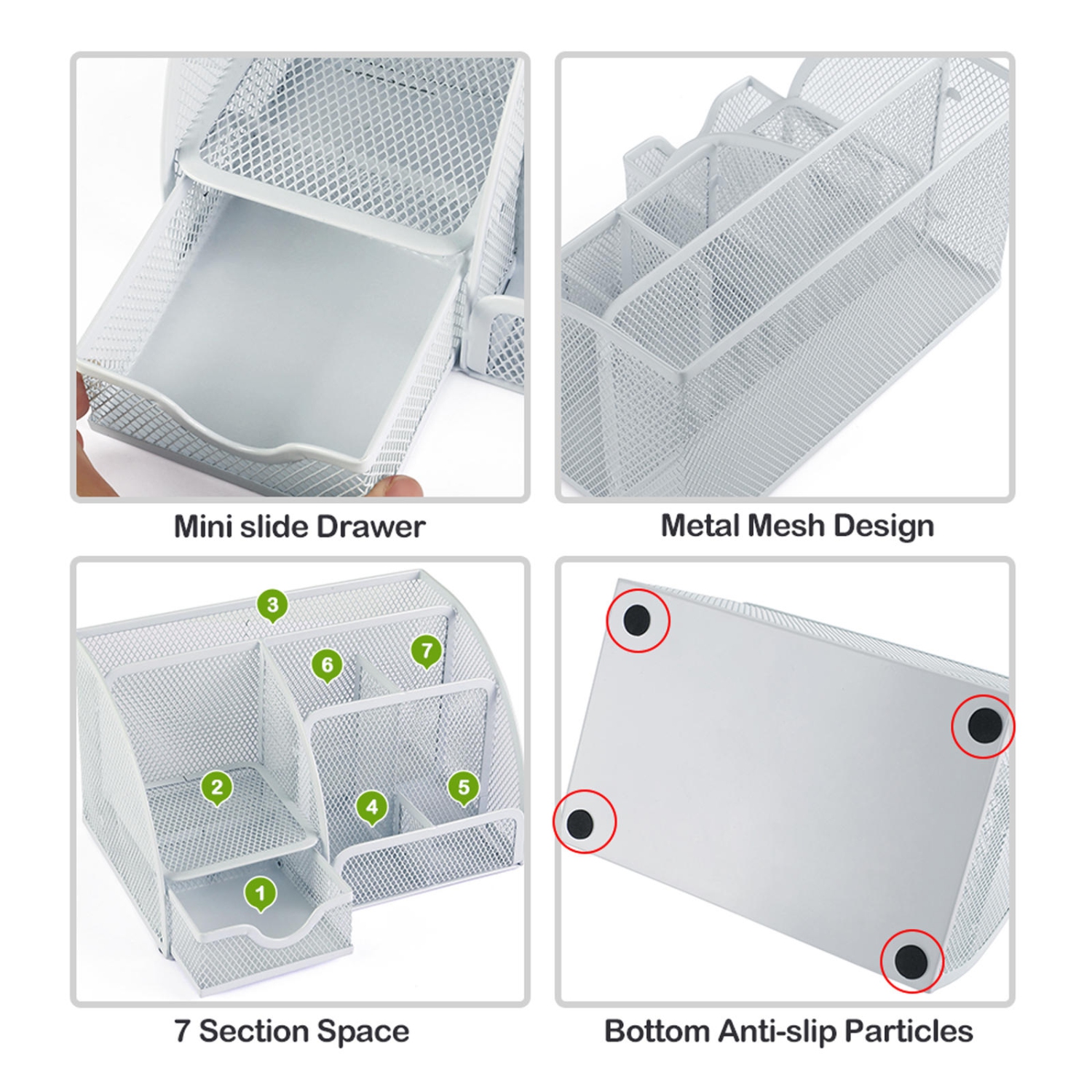 Moustache 7 Section Metal Mesh Office Desk Desktop Organizer Pencil Cup Holder, White