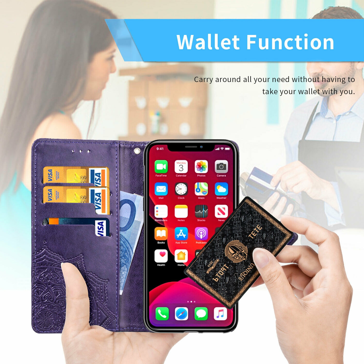 MyCase Wallet Case for Samsung Galaxy S21 PLUS Emboss Mandala Flower Pattern Flip Case PU Leather Magnetic Kickstand Cover with Card Slots Shockproof