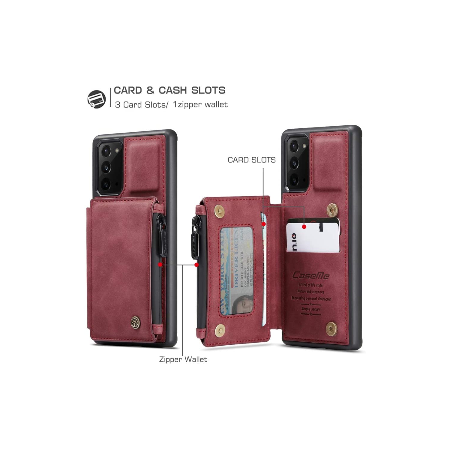 CaseMe Leather Zipper Wallet Card Slot Double Magnetic Clasp Shockproof Back Case Cover for Samsung Galaxy NOTE 20 ULTRA -Red