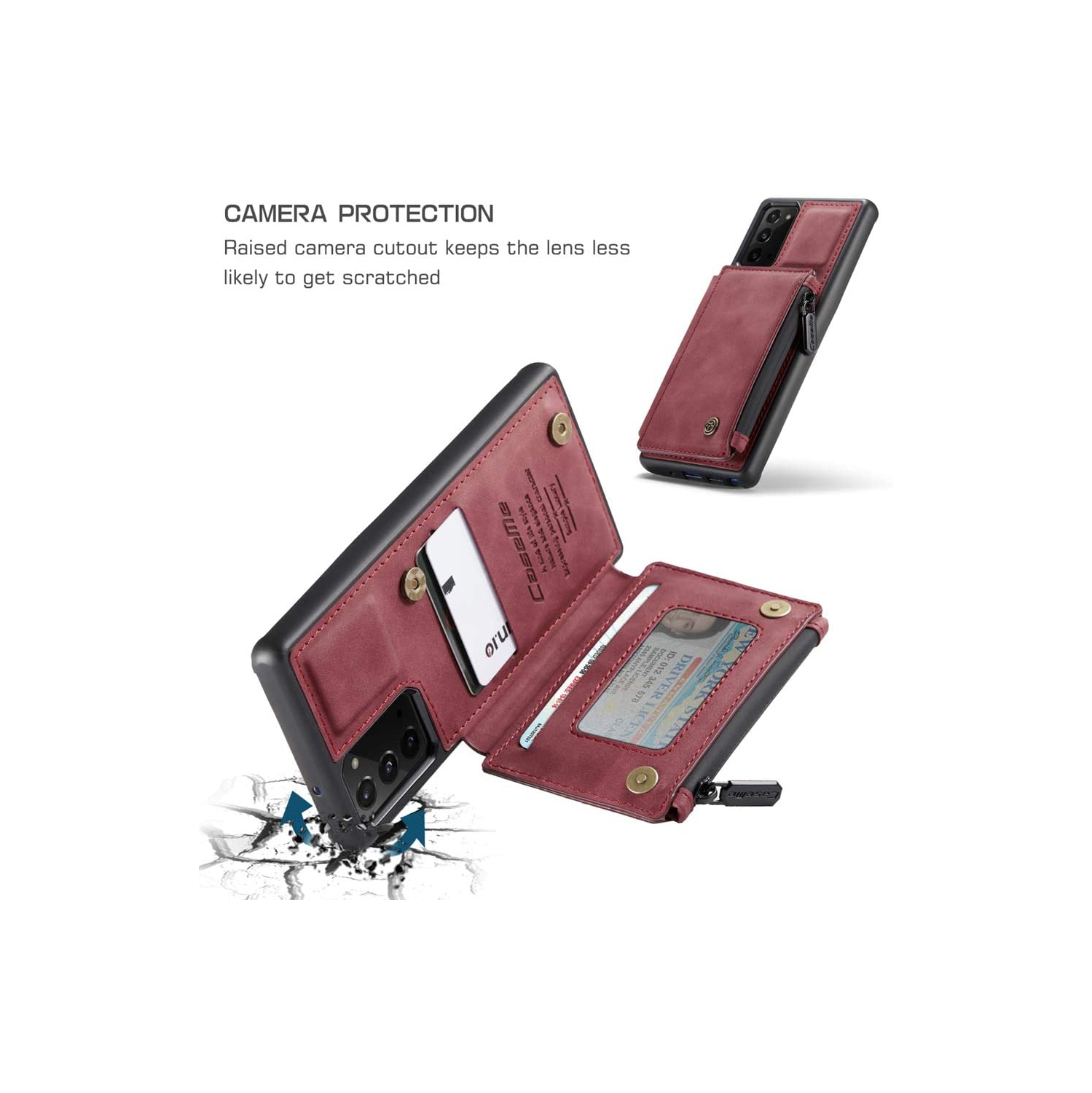 CaseMe Leather Zipper Wallet Card Slot Double Magnetic Clasp Shockproof Back Case Cover for Samsung Galaxy NOTE 20 ULTRA -Red