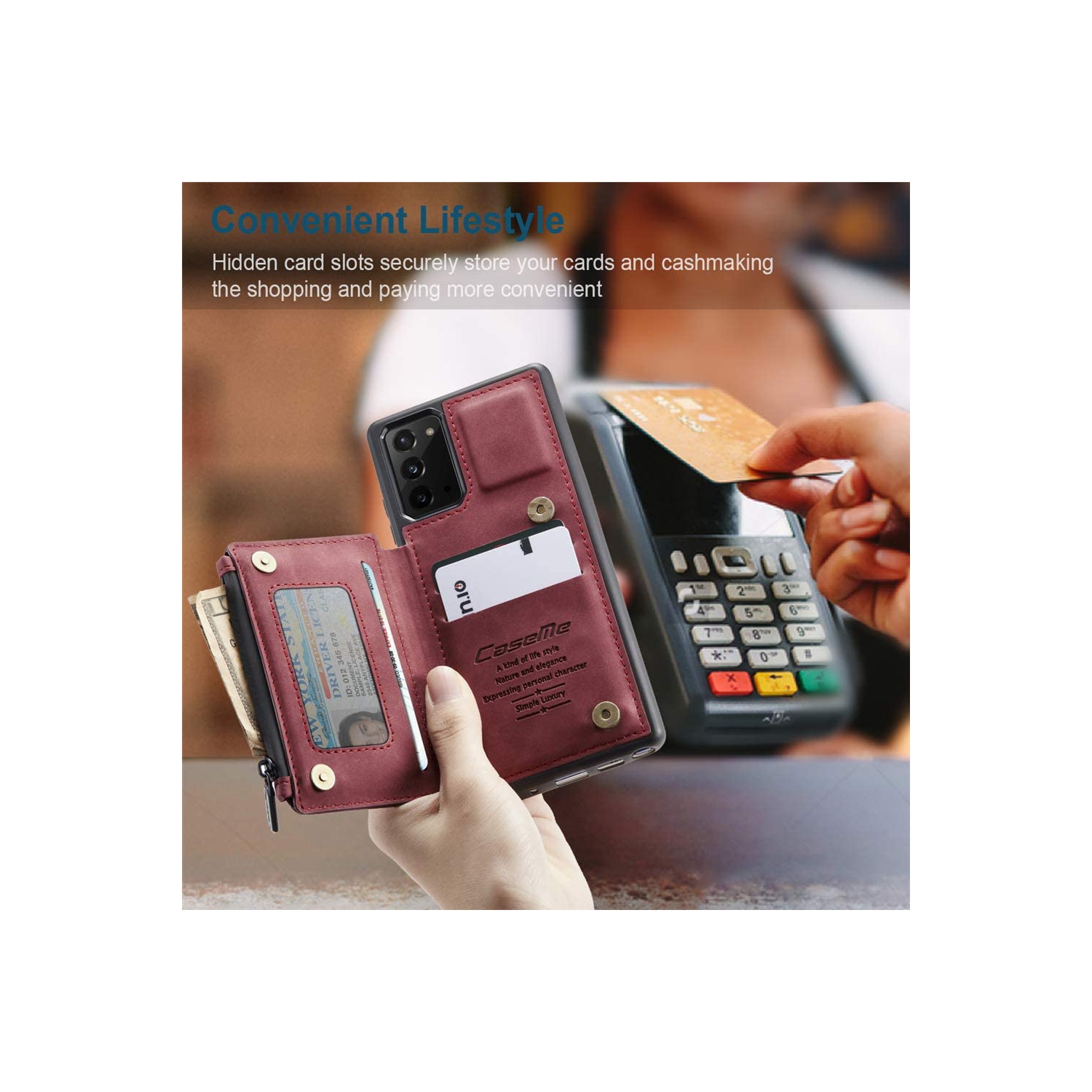 CaseMe Leather Zipper Wallet Card Slot Double Magnetic Clasp Shockproof Back Case Cover for Samsung Galaxy NOTE 20 ULTRA -Red