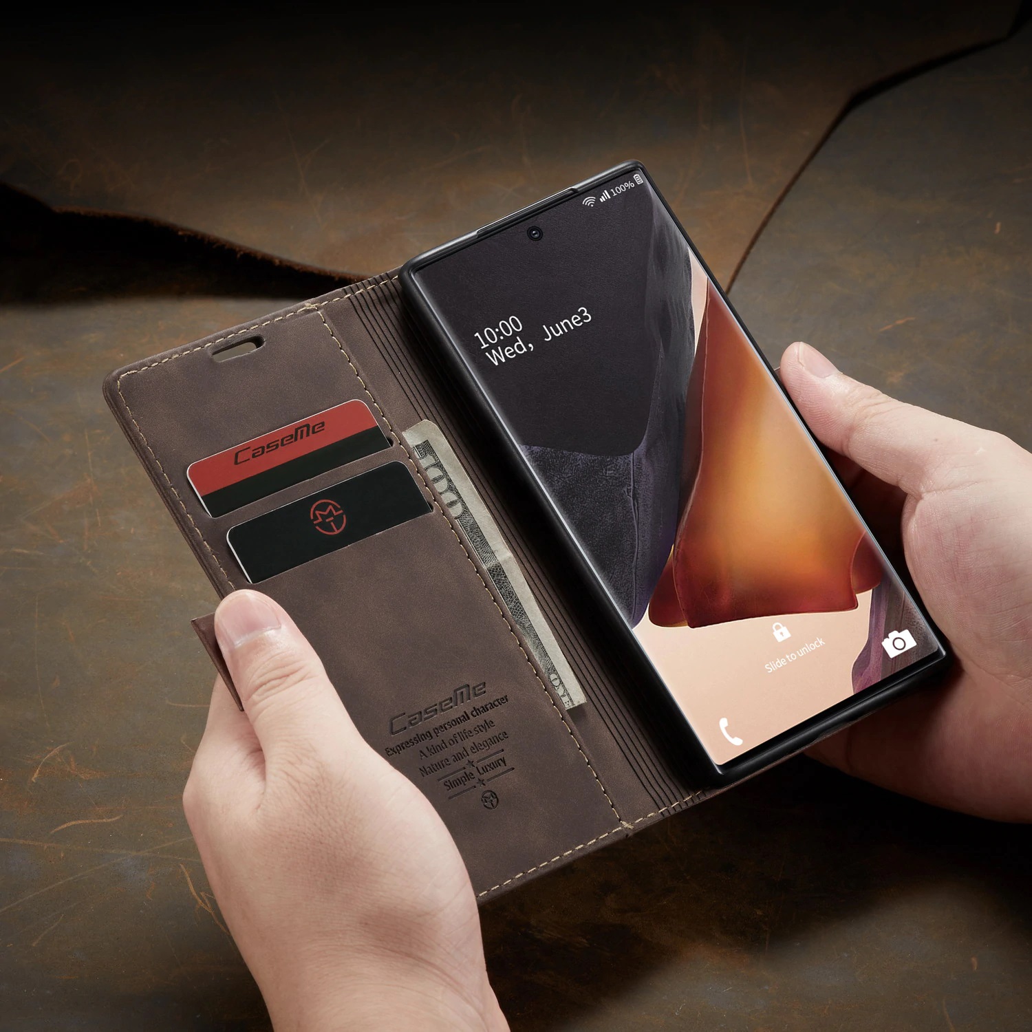 Étui protecteur magnétique à rabat en cuir de CaseMe, style sac à main avec carte d'identité et fentes pour cartes de crédit pour Galaxy NOTE 20