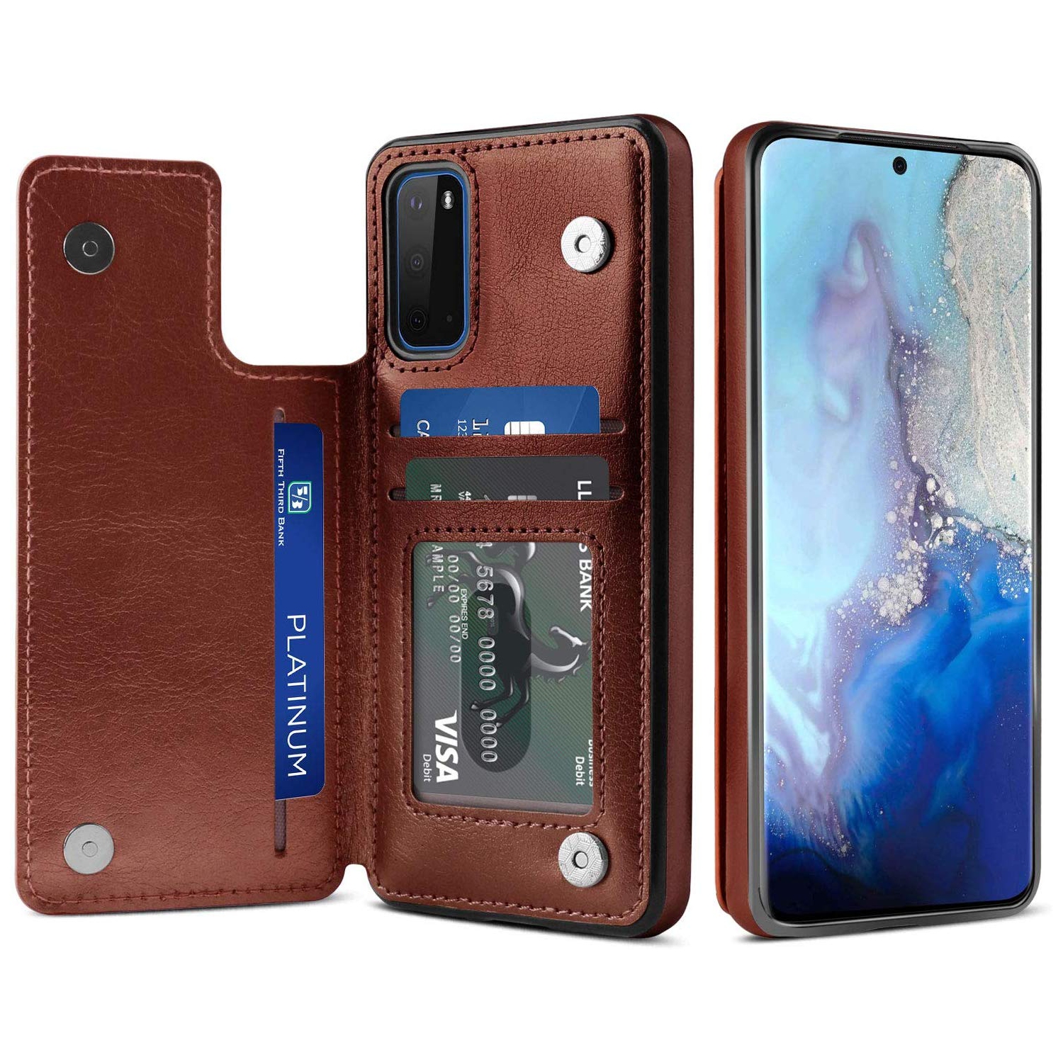 Loris & Case High Quality Leather Back Case Kickstand Shockproof Protective Card Holder Wallet Cover Case for Samsung Galaxy S20 FE -Brown