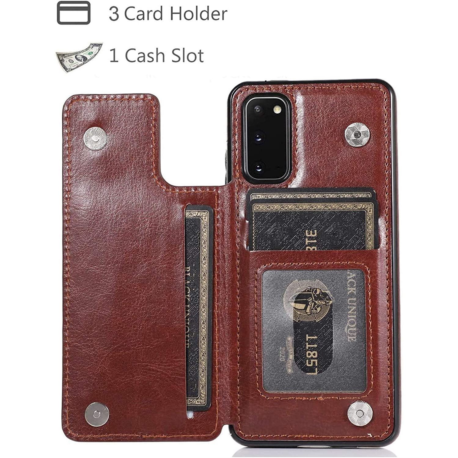 Loris & Case High Quality Leather Back Case Kickstand Shockproof Protective Card Holder Wallet Cover Case for Samsung Galaxy S20 FE -Brown