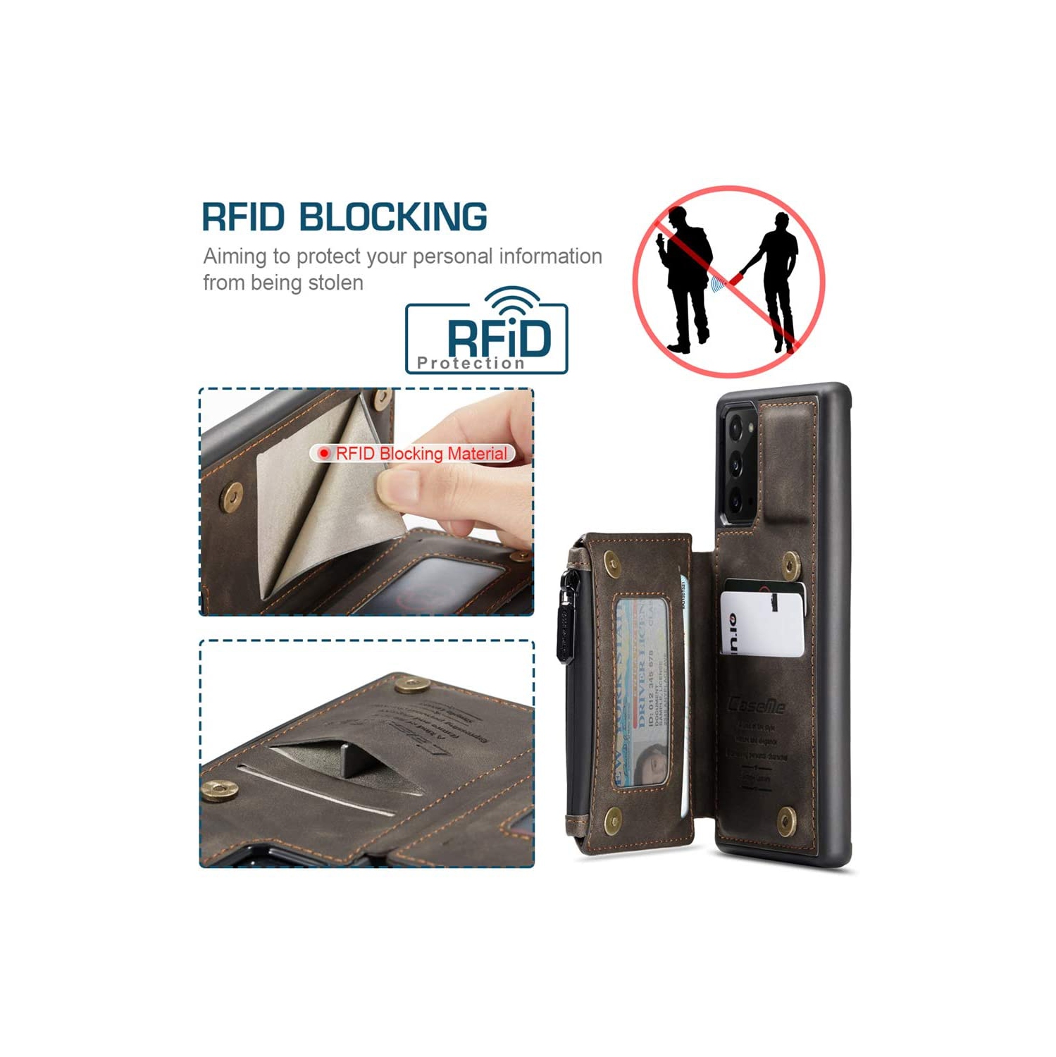 CaseMe Leather Zipper Wallet Card Slot Double Magnetic Clasp Shockproof Back Case Cover for Samsung Galaxy S20 -Brown