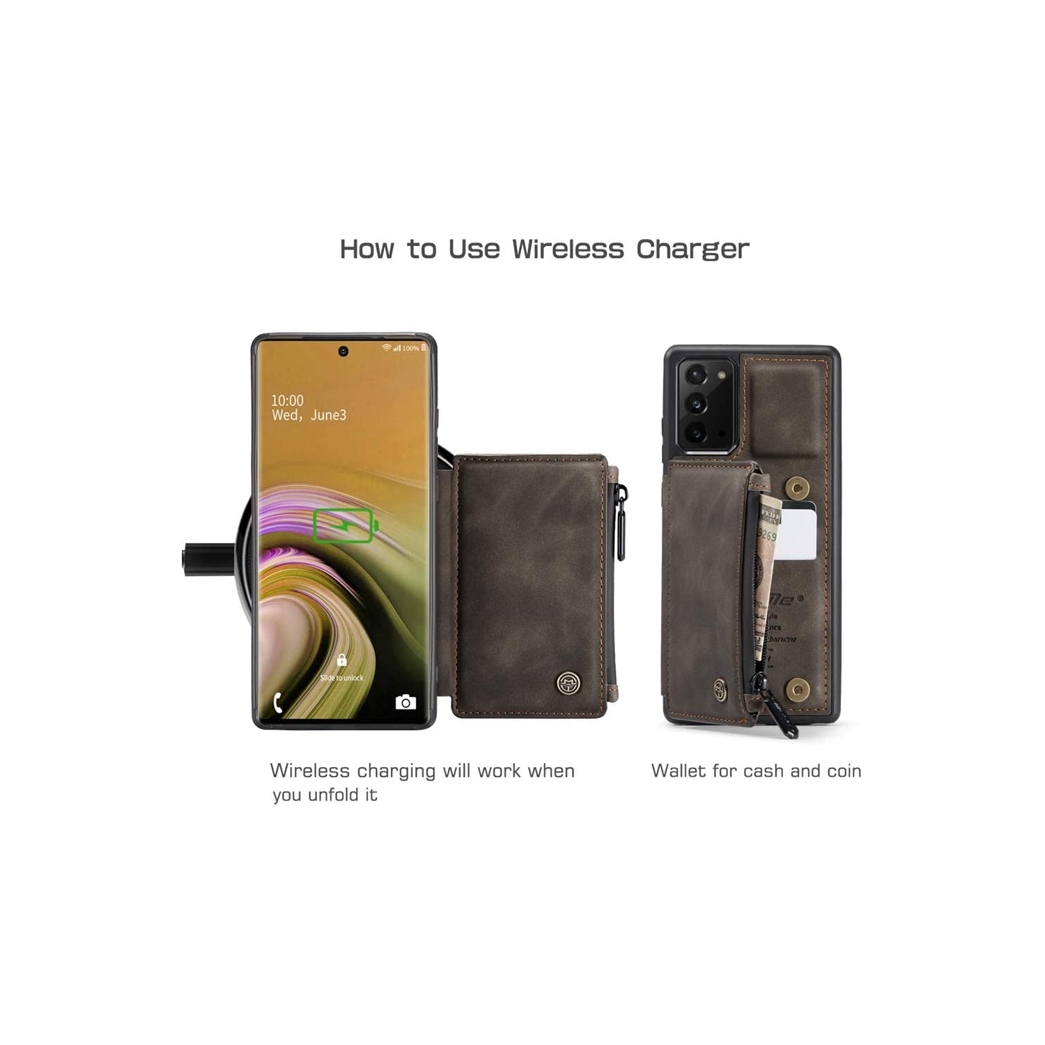 CaseMe Leather Zipper Wallet Card Slot Double Magnetic Clasp Shockproof Back Case Cover for Samsung Galaxy S20 -Brown