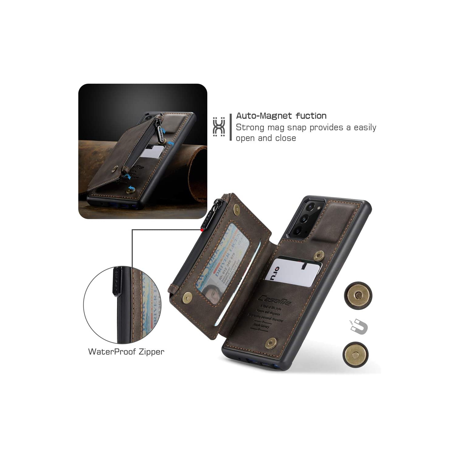 CaseMe Leather Zipper Wallet Card Slot Double Magnetic Clasp Shockproof Back Case Cover for Samsung Galaxy S20 -Brown