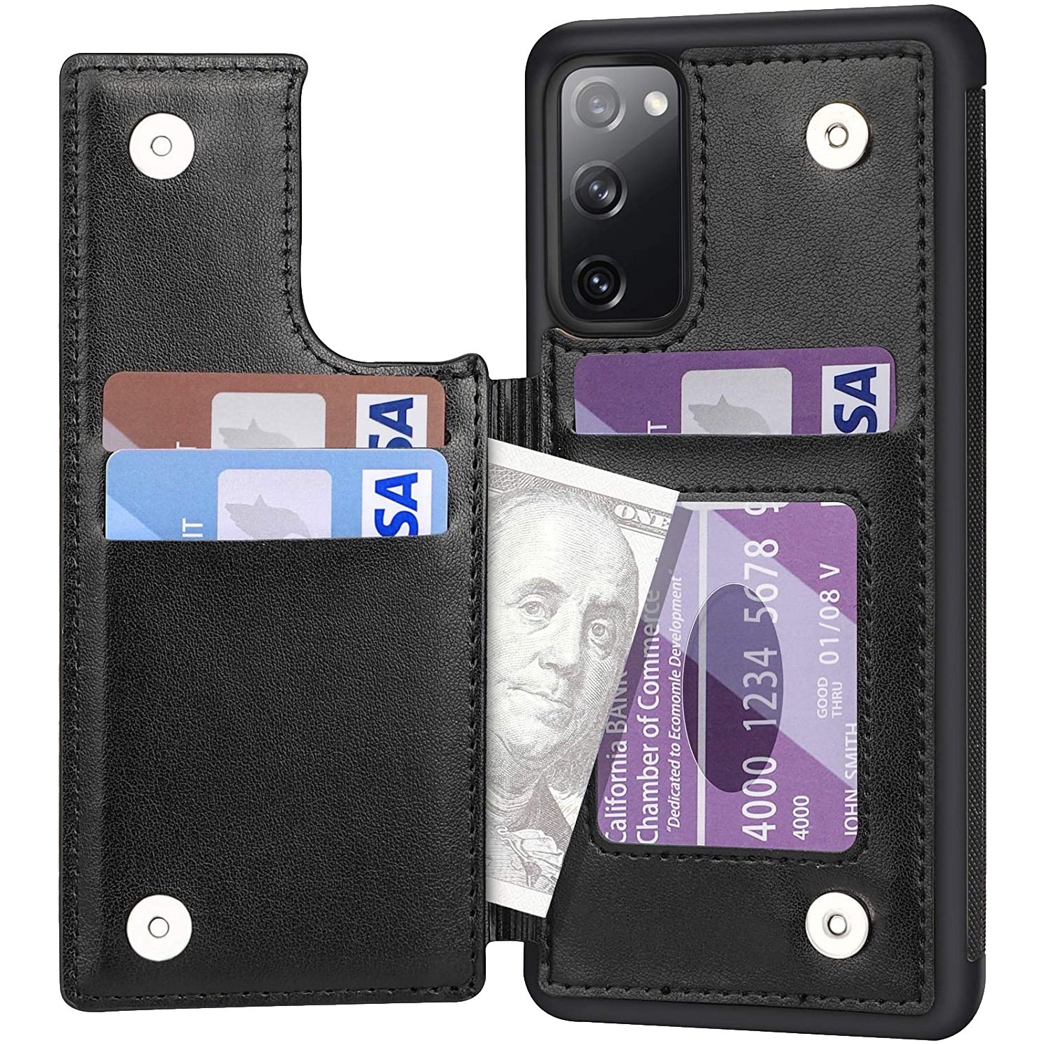 Loris & Case High Quality Leather Back Case Kickstand Shockproof Protective Card Holder Wallet Cover Case for Samsung Galaxy S20 FE -Black