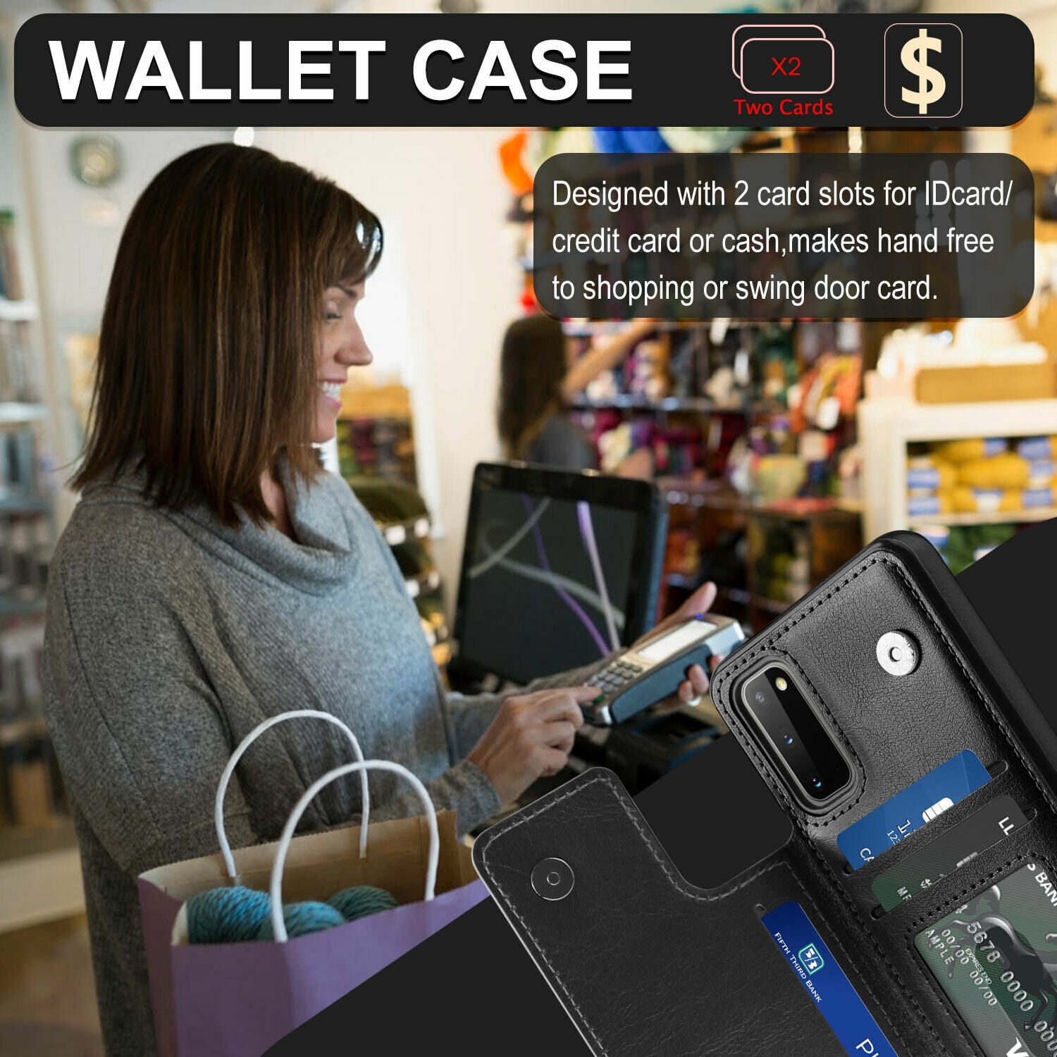 Loris & Case High Quality Leather Back Case Kickstand Shockproof Protective Card Holder Wallet Cover Case for Samsung Galaxy S20 FE -Black