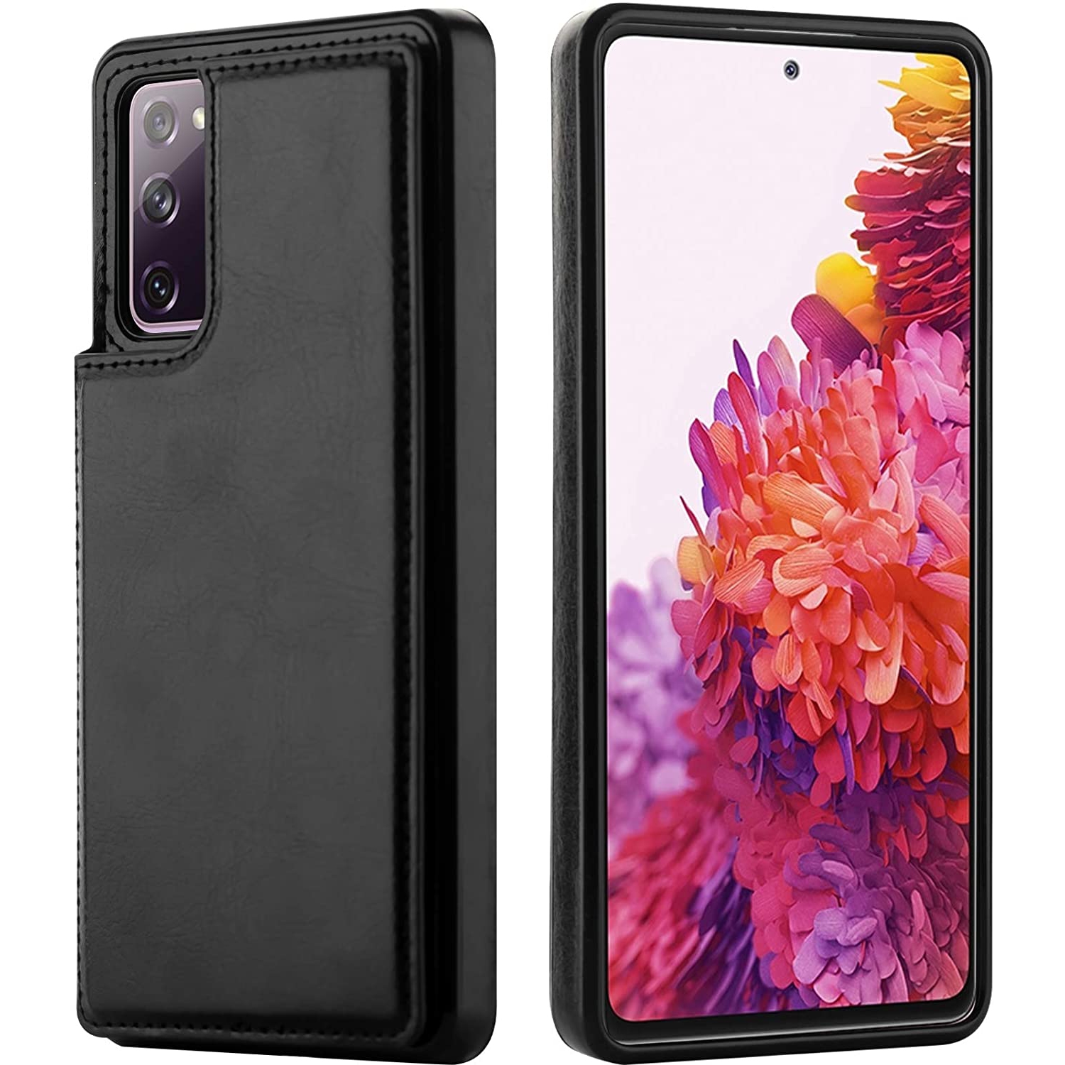 Loris & Case High Quality Leather Back Case Kickstand Shockproof Protective Card Holder Wallet Cover Case for Samsung Galaxy S20 FE -Black