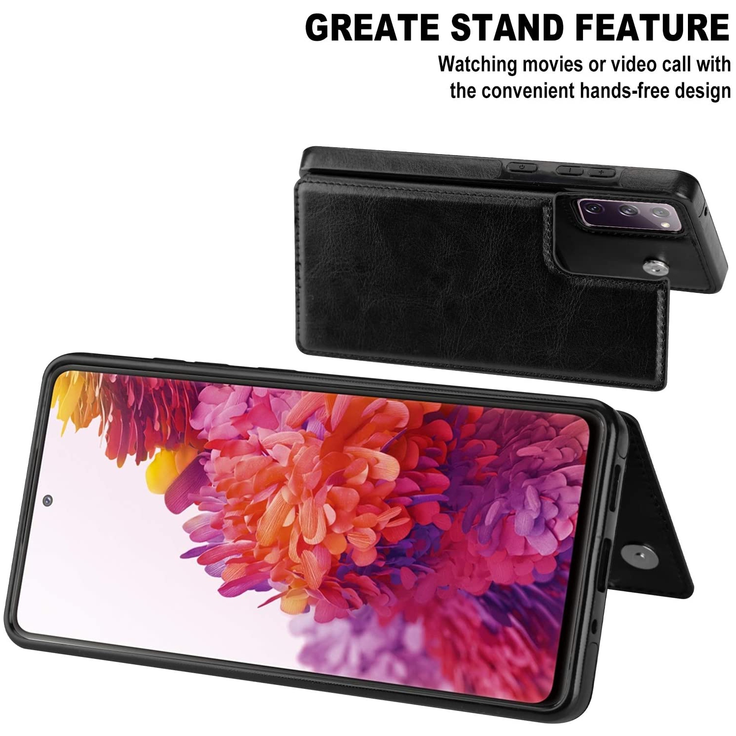 Loris & Case High Quality Leather Back Case Kickstand Shockproof Protective Card Holder Wallet Cover Case for Samsung Galaxy S20 FE -Black