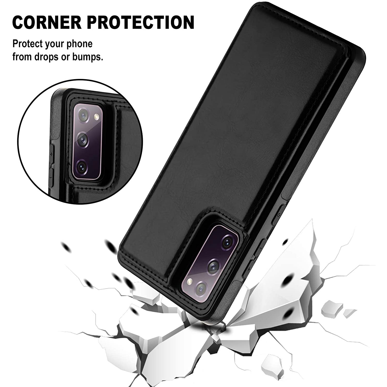 Loris & Case High Quality Leather Back Case Kickstand Shockproof Protective Card Holder Wallet Cover Case for Samsung Galaxy S20 FE -Black