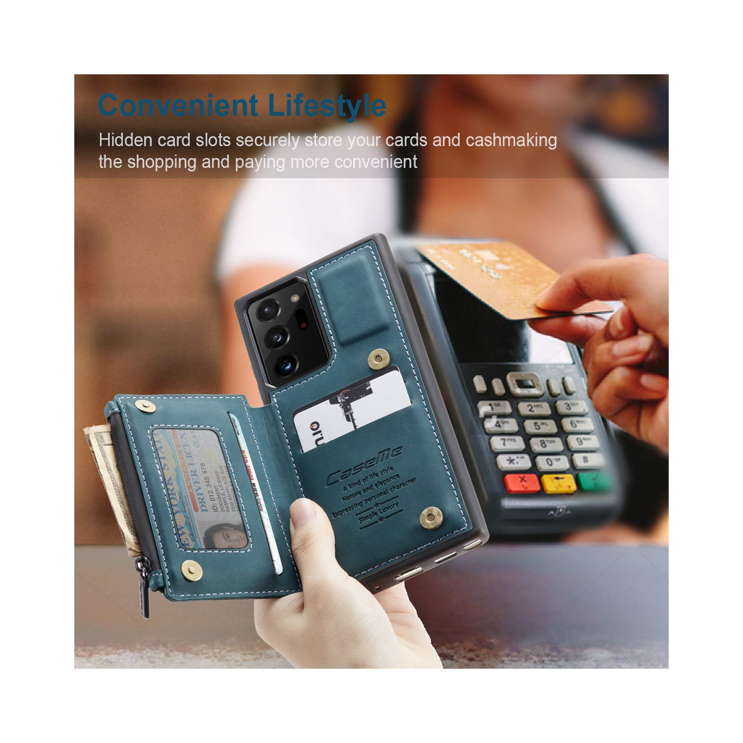 CaseMe Leather Zipper Wallet Card Slot Double Magnetic Clasp Shockproof Back Case Cover for Samsung Galaxy S21 ULTRA -Blue