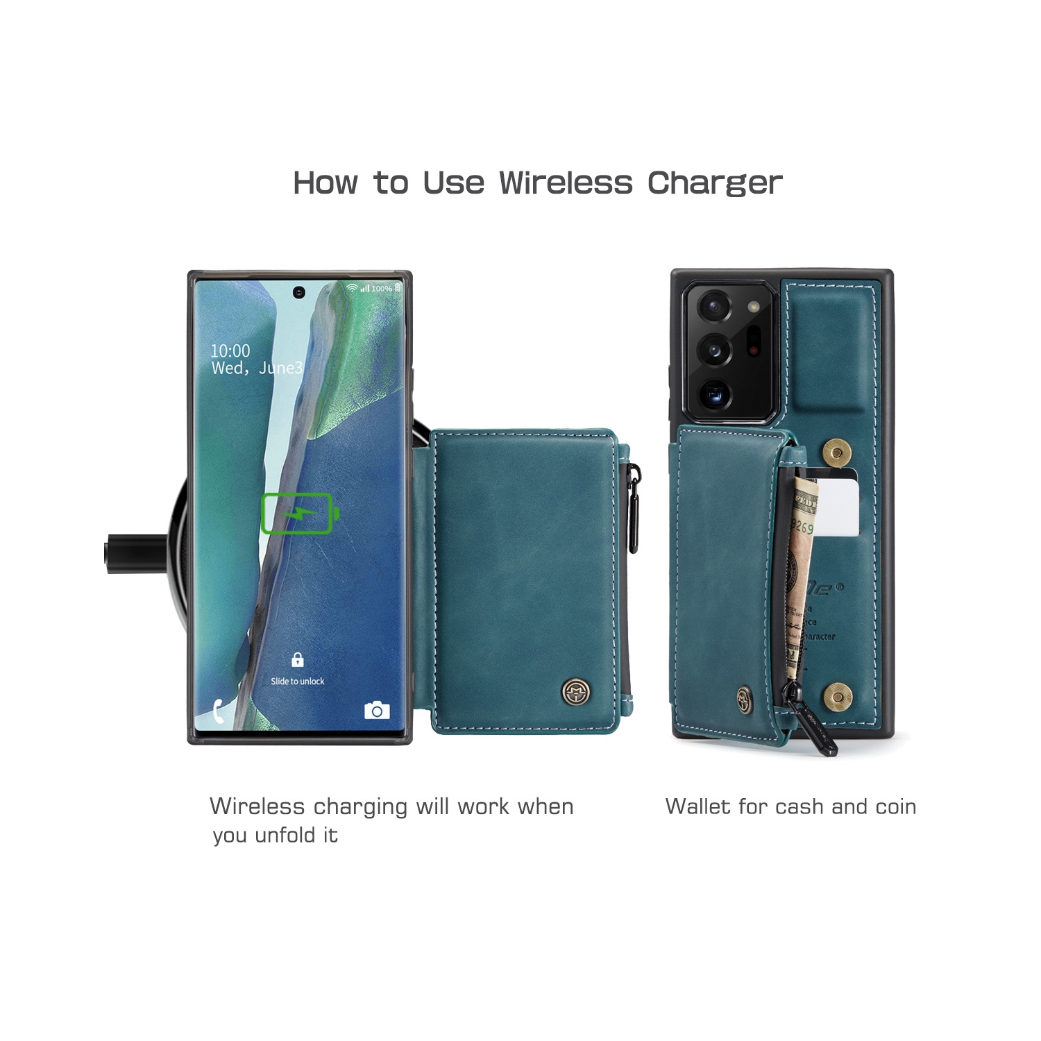 CaseMe Leather Zipper Wallet Card Slot Double Magnetic Clasp Shockproof Back Case Cover for Samsung Galaxy S21 ULTRA -Blue