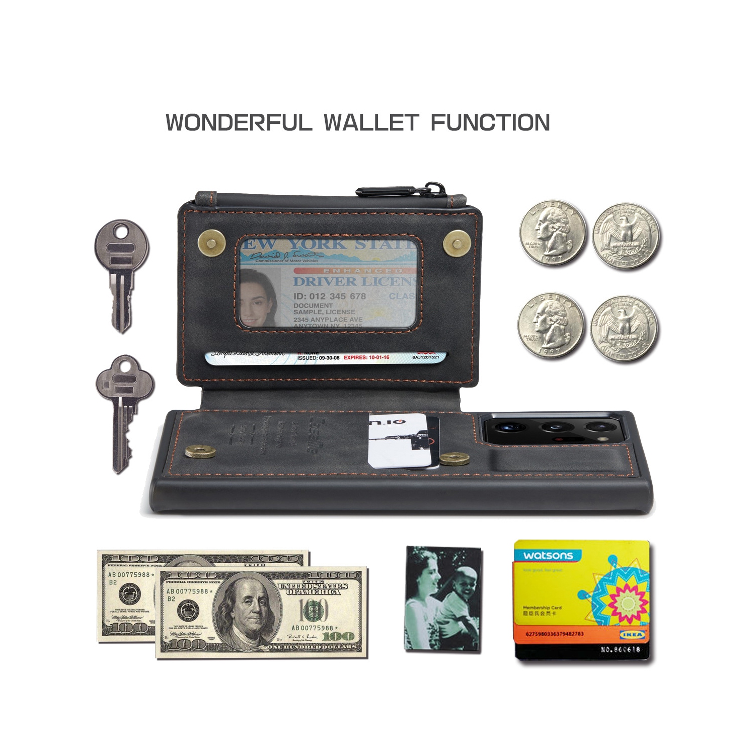 CaseMe Leather Zipper Wallet Card Slot Double Magnetic Clasp Shockproof Back Case Cover for Samsung Galaxy NOTE 20 ULTRA -Black