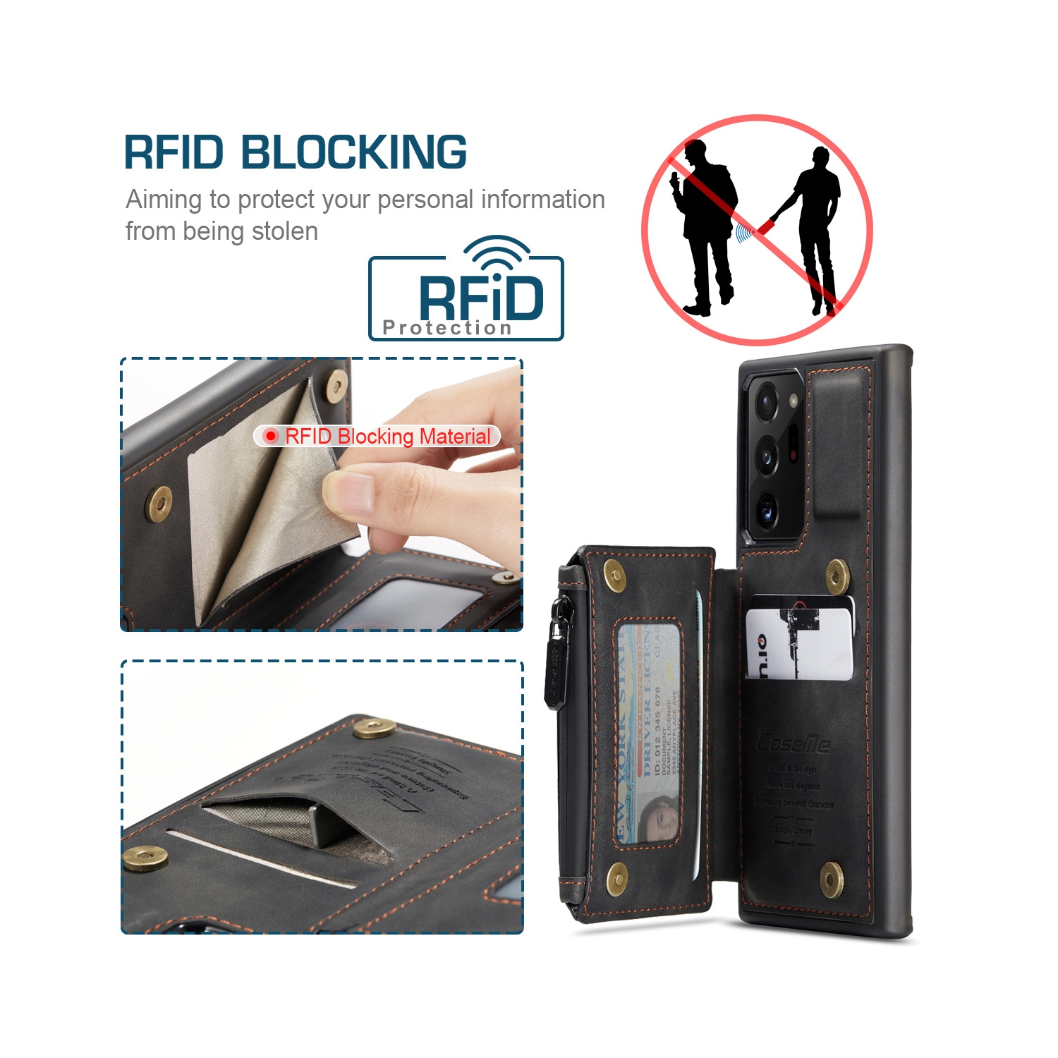 CaseMe Leather Zipper Wallet Card Slot Double Magnetic Clasp Shockproof Back Case Cover for Samsung Galaxy NOTE 20 ULTRA -Black