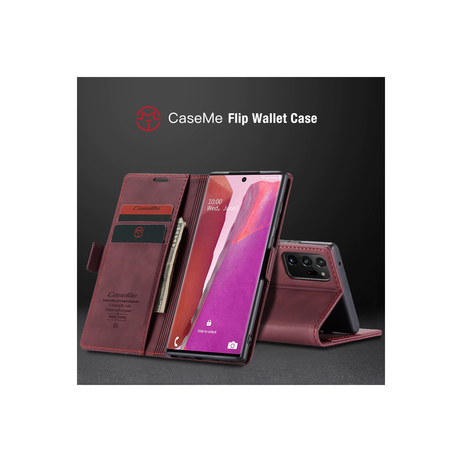 Étui protecteur magnétique à rabat en cuir de CaseMe, style sac à main avec carte d'identité et fentes pour cartes de crédit pour Galaxy NOTE 20