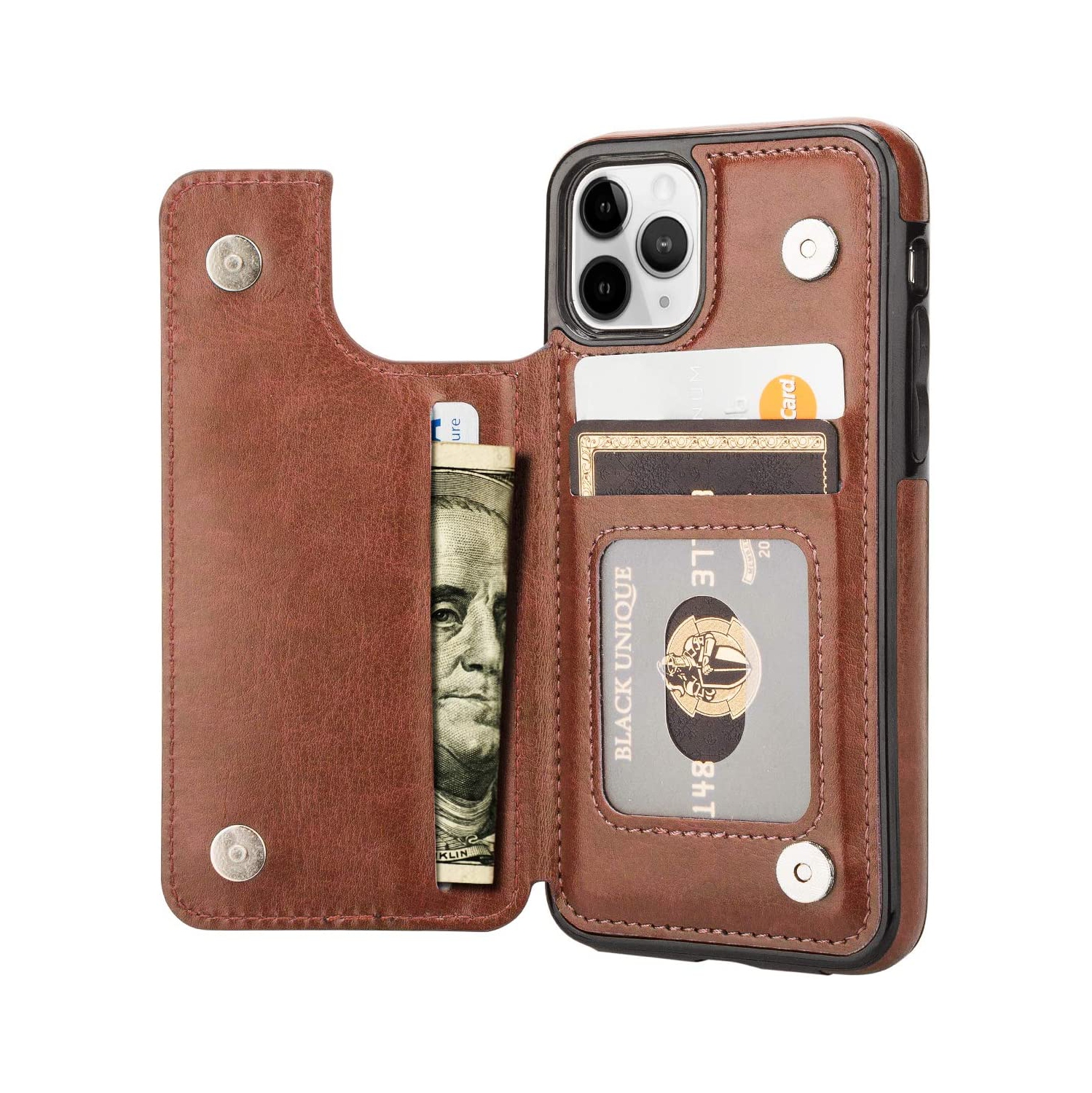 Loris & Case High Quality Leather Back Case Kickstand Shockproof Protective Card Holder Wallet Cover Case for iPhone 12 Pro Max -Brown