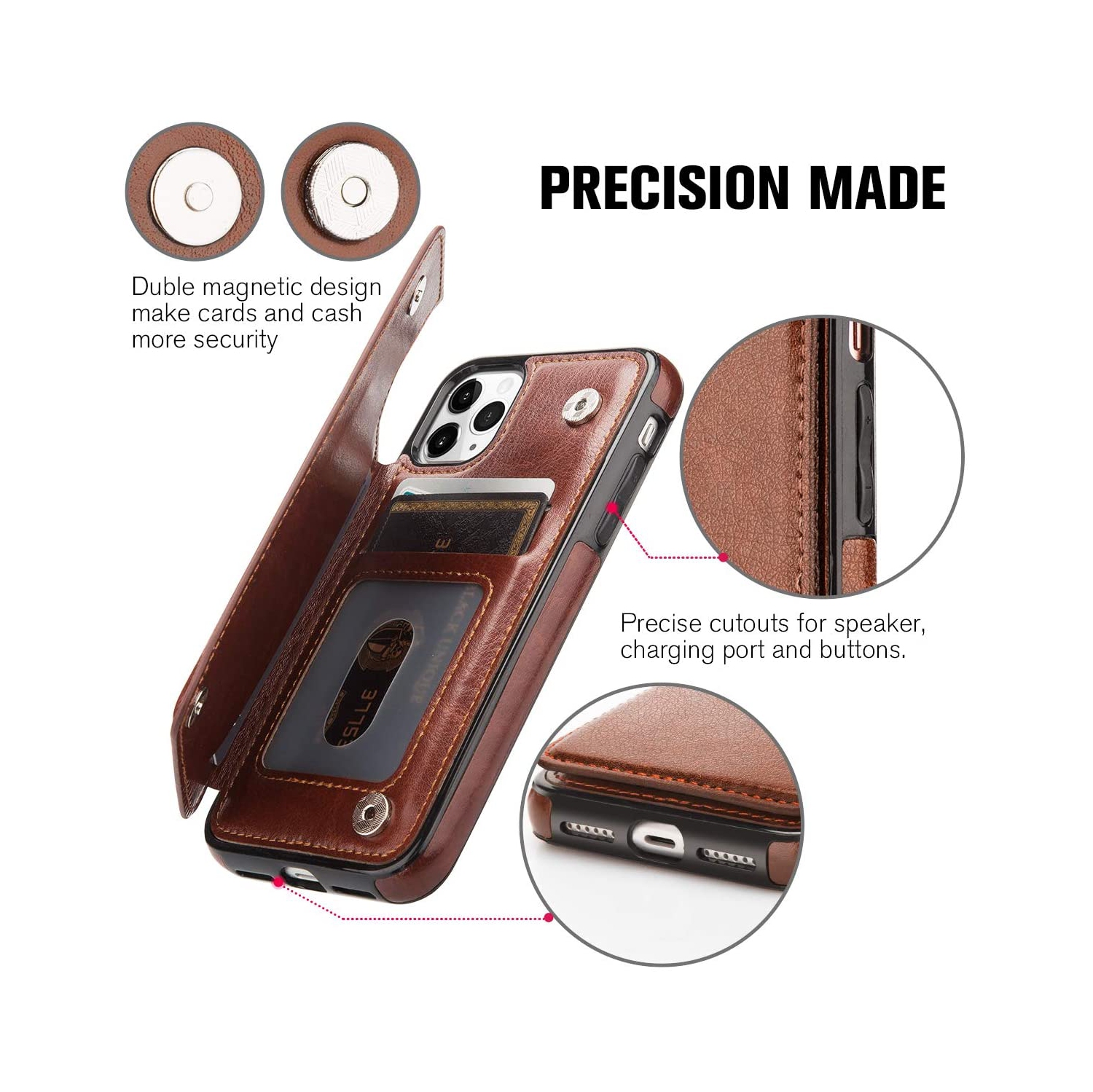 Loris & Case High Quality Leather Back Case Kickstand Shockproof Protective Card Holder Wallet Cover Case for iPhone 12 Pro Max -Brown
