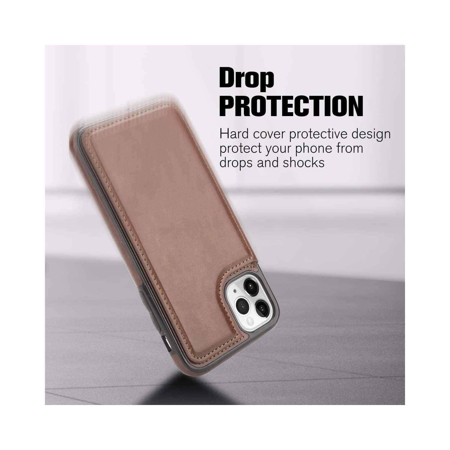 Loris & Case High Quality Leather Back Case Kickstand Shockproof Protective Card Holder Wallet Cover Case for iPhone 12 Pro Max -Brown