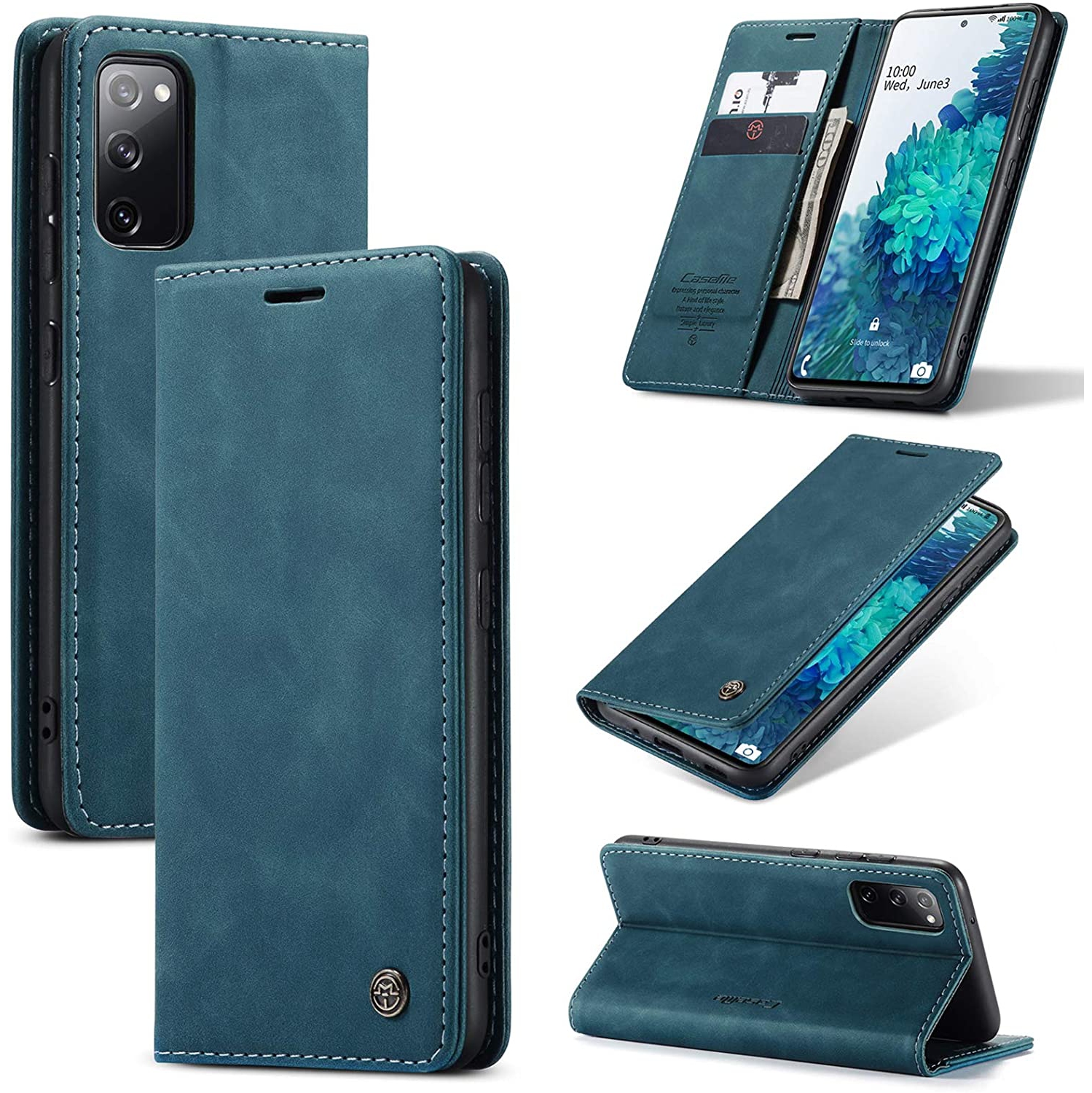 CaseMe Magnetic Stand Flip Protective Cover Leather Flip Cover Purse Style with ID & Credit Card Slots Holder for Samsung Galaxy S21 PLUS -Blue