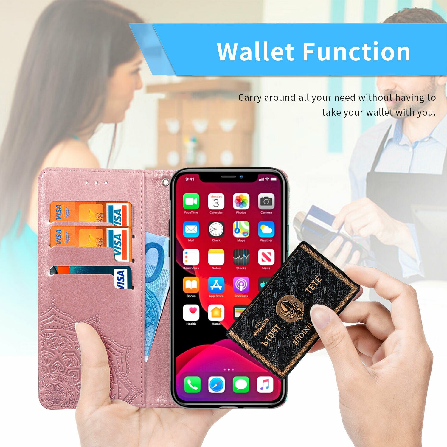 Étui portefeuille pour Samsung Galaxy NOTE 20 ULTRA Motif mandala vert Étui à rabat avec porte-cartes et dragonne Cuir synthétique Magnétique -Or Rose