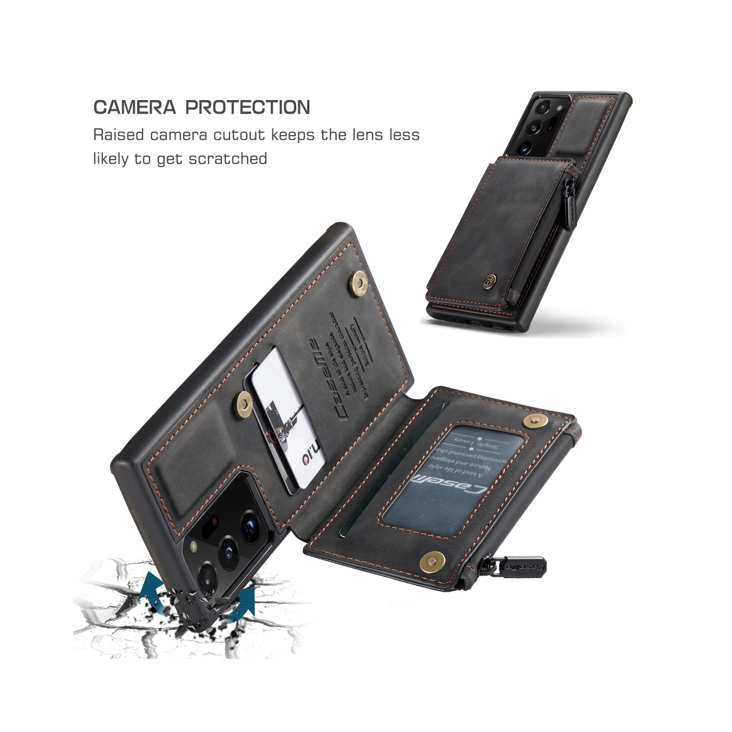 CaseMe Leather Zipper Wallet Card Slot Double Magnetic Clasp Shockproof Back Case Cover for Samsung Galaxy S20 FE -Black