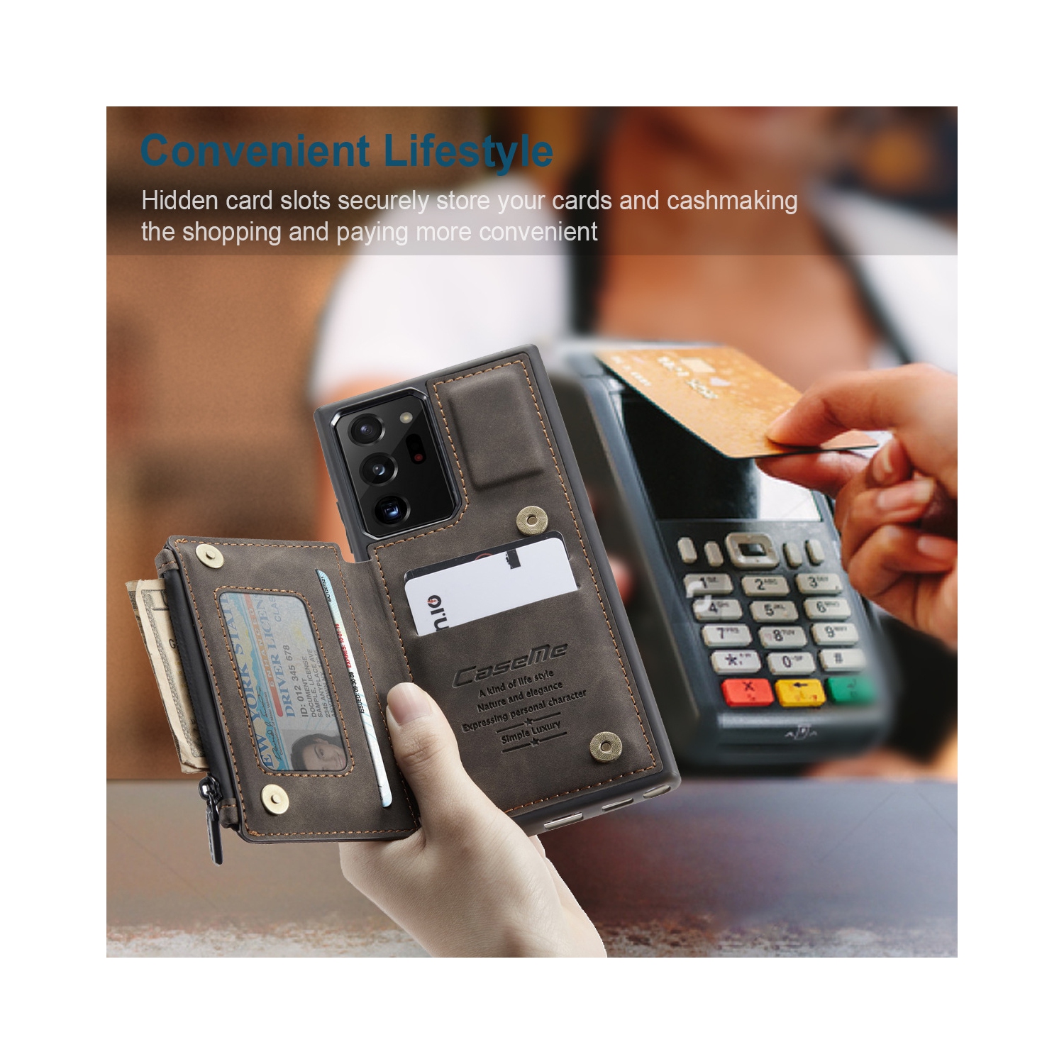 CaseMe Leather Zipper Wallet Card Slot Double Magnetic Clasp Shockproof Back Case Cover for Samsung Galaxy NOTE 20 ULTRA -Brown