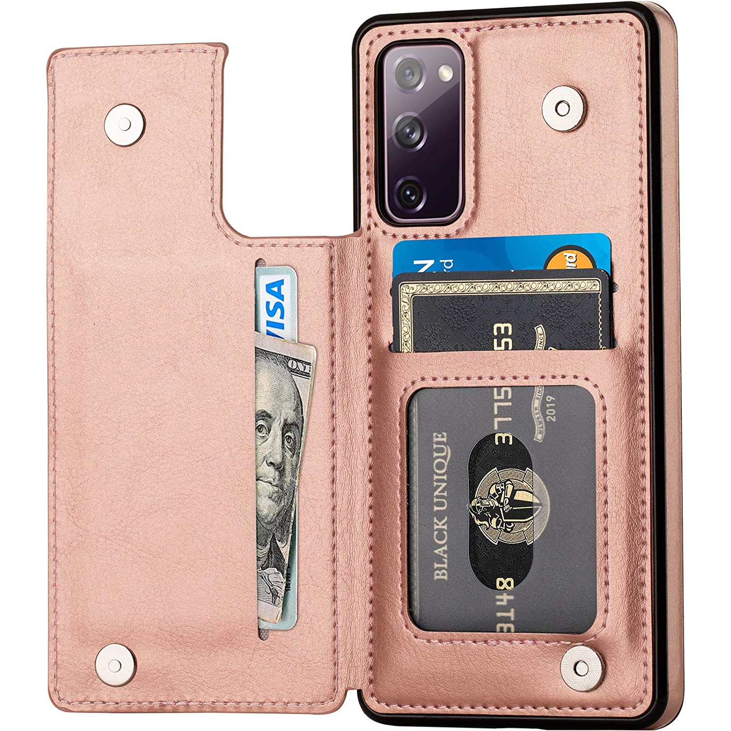 Loris & Case High Quality Leather Back Case Kickstand Shockproof Protective Card Holder Wallet Cover Case for Samsung Galaxy S20 FE -Pink