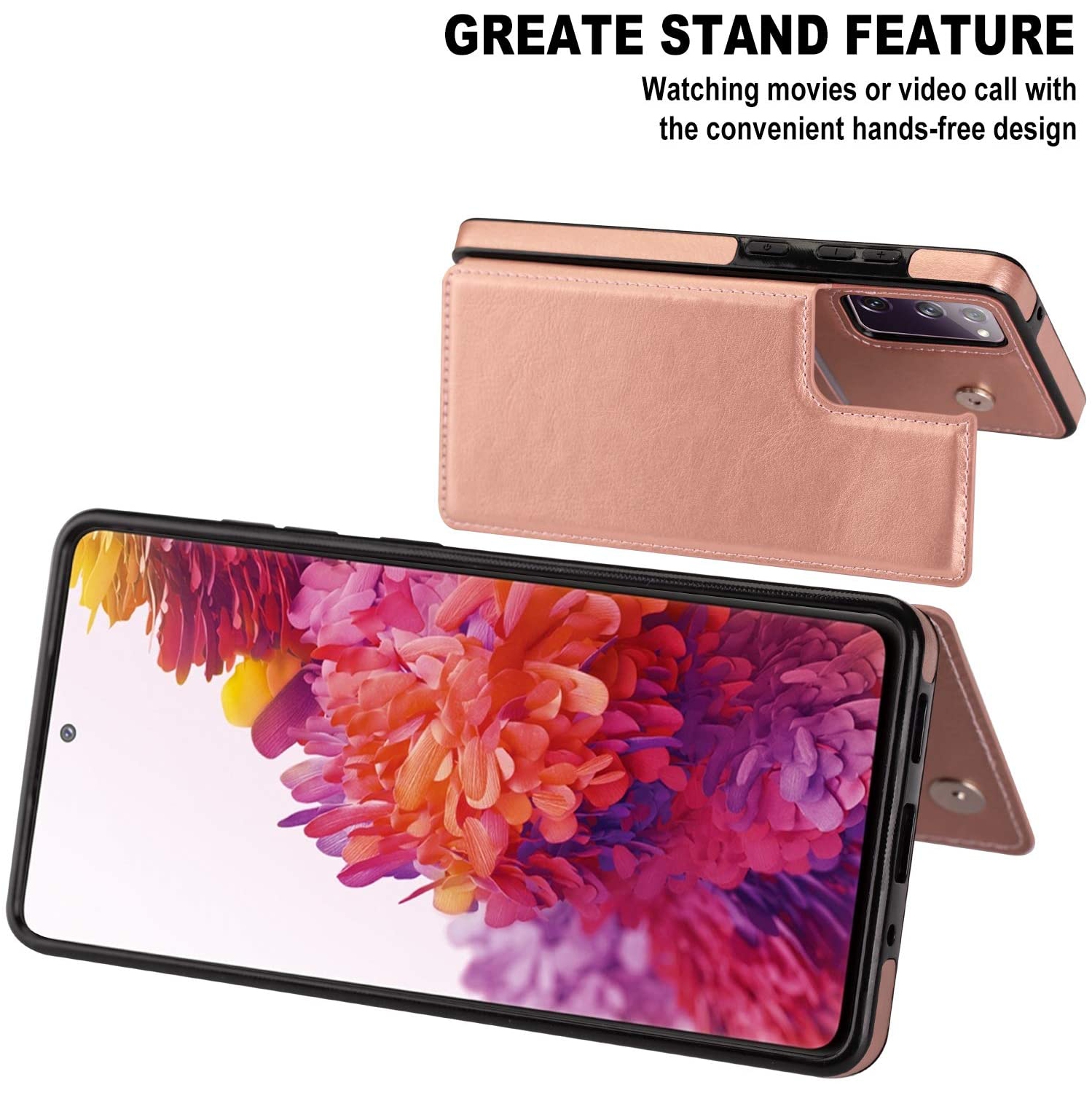 Loris & Case High Quality Leather Back Case Kickstand Shockproof Protective Card Holder Wallet Cover Case for Samsung Galaxy S20 FE -Pink