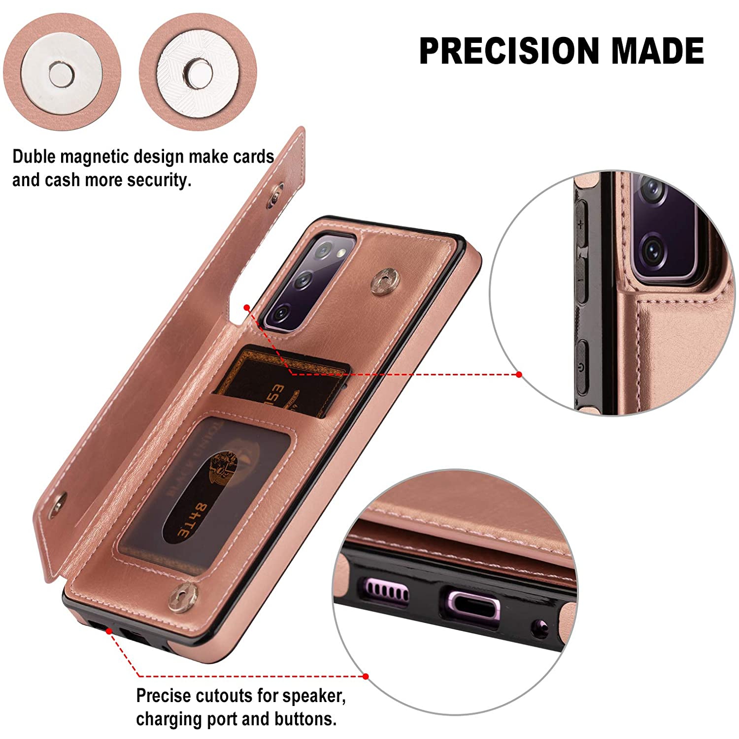 Loris & Case High Quality Leather Back Case Kickstand Shockproof Protective Card Holder Wallet Cover Case for Samsung Galaxy S20 FE -Pink