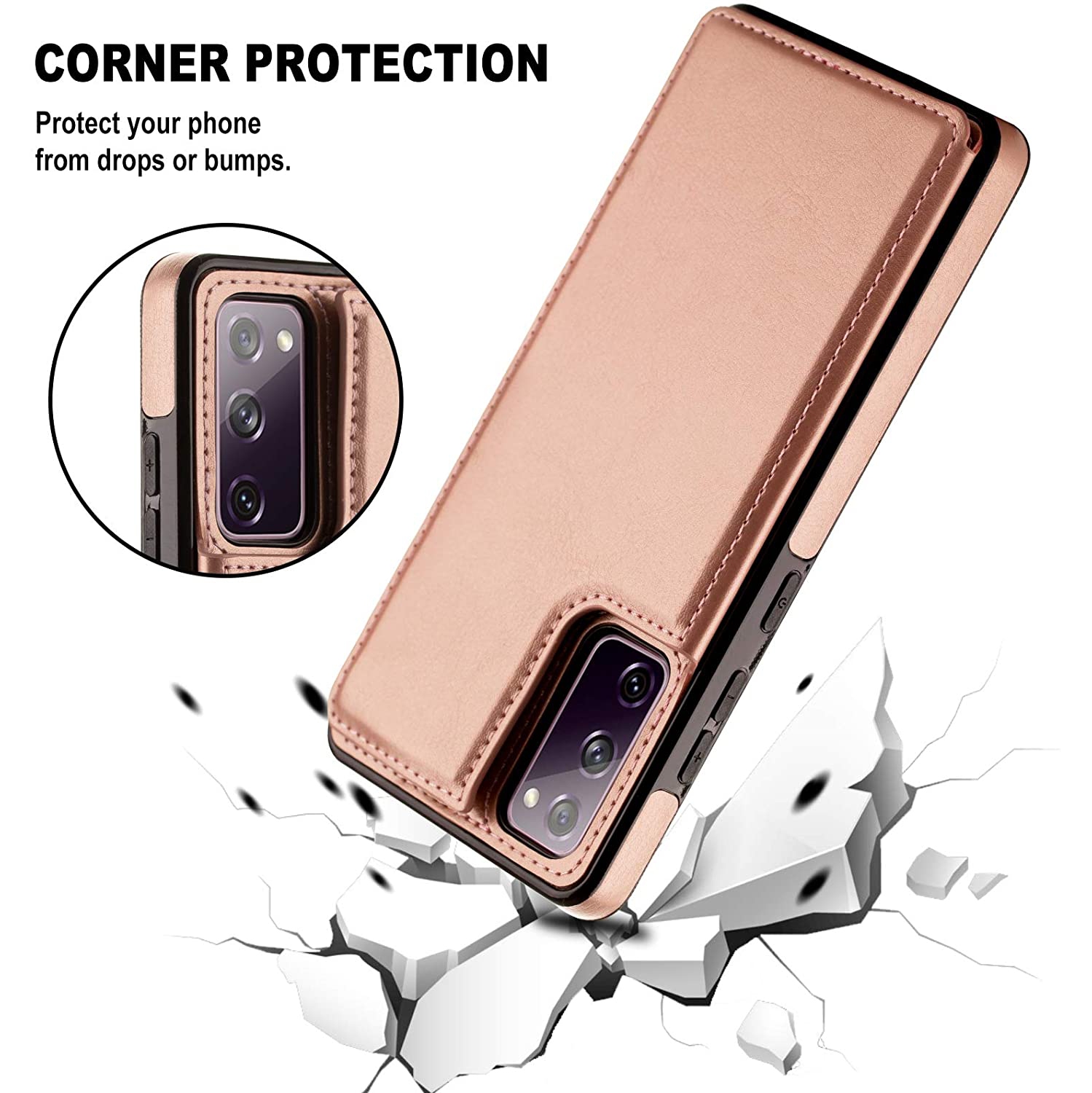 Loris & Case High Quality Leather Back Case Kickstand Shockproof Protective Card Holder Wallet Cover Case for Samsung Galaxy S20 FE -Pink