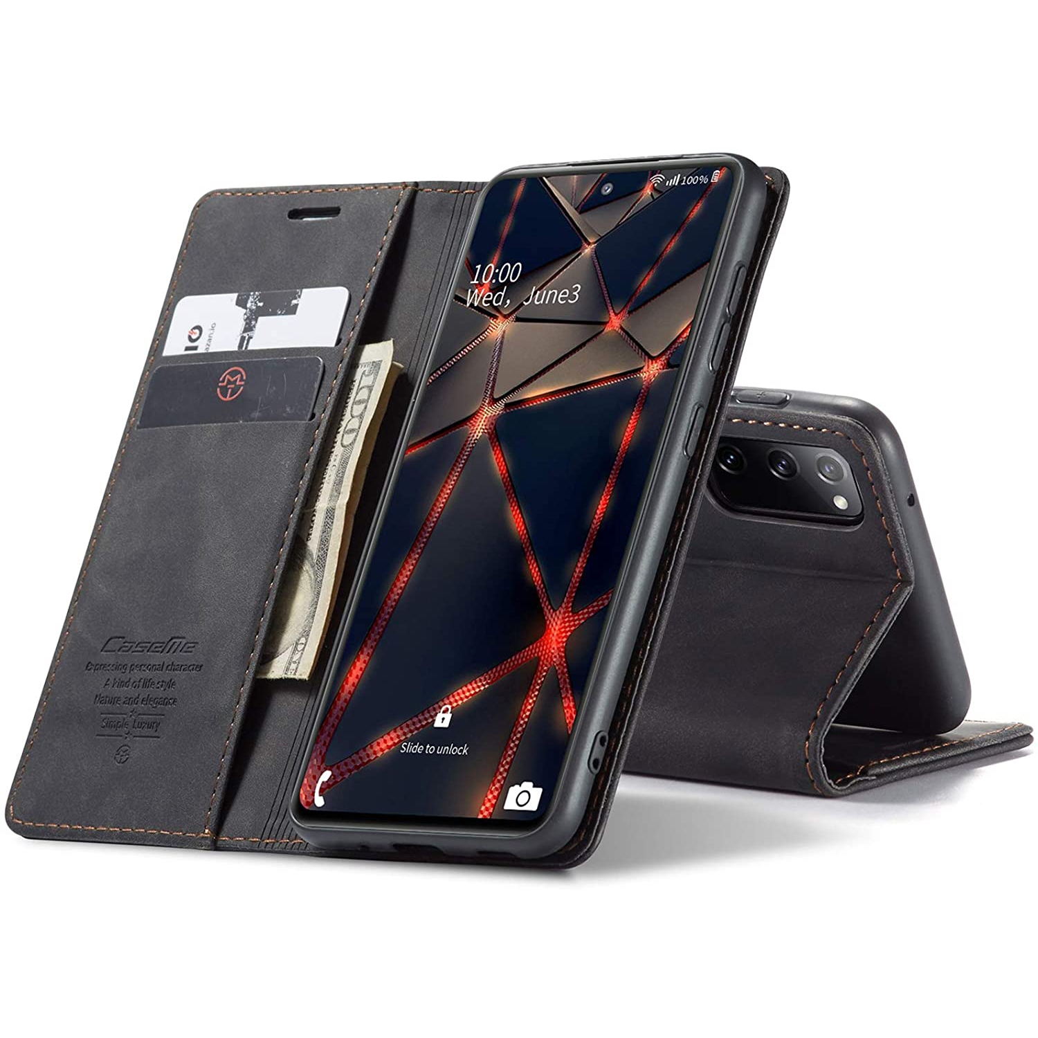 Étui protecteur rabat rabat magnétique cuir CaseMe, étui porte-carte d'identité/carte de crédit, pour Galaxy S20 FE de Samsung - Noir