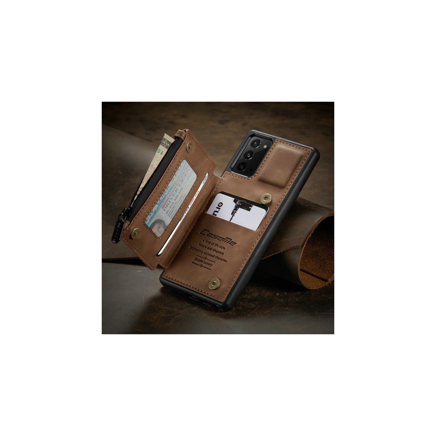 CaseMe Leather Zipper Wallet Card Slot Double Magnetic Clasp Shockproof Back Case Cover for Samsung Galaxy S20 FE -Coffee