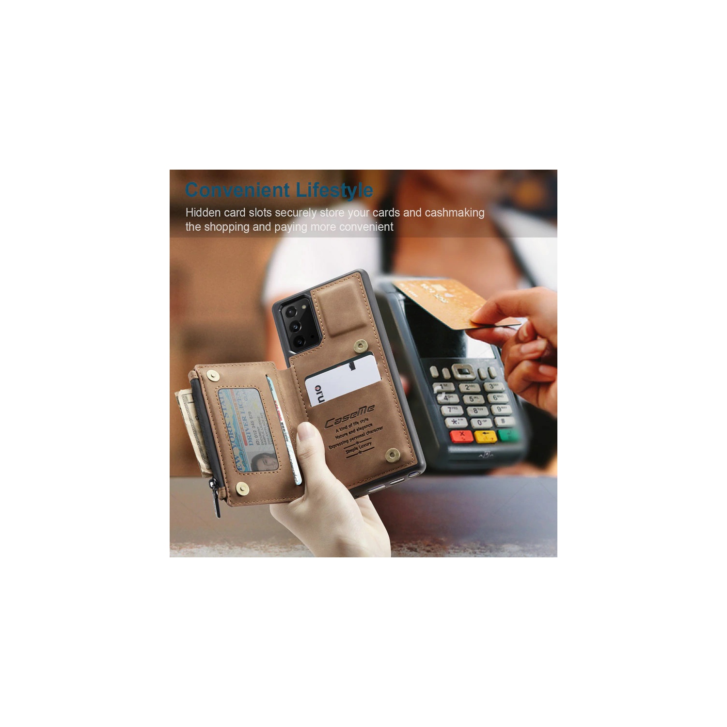 CaseMe Leather Zipper Wallet Card Slot Double Magnetic Clasp Shockproof Back Case Cover for Samsung Galaxy S20 FE -Coffee