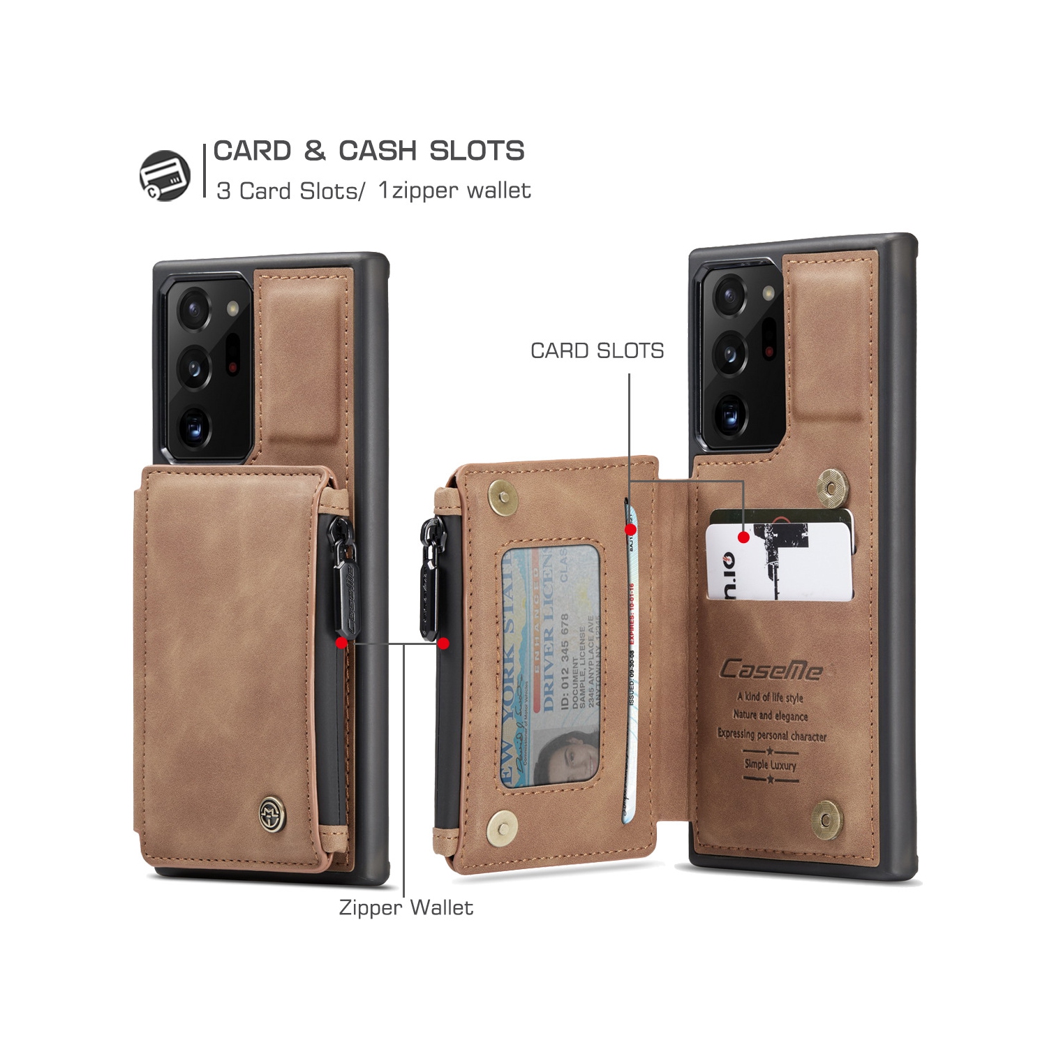 CaseMe Leather Zipper Wallet Card Slot Double Magnetic Clasp Shockproof Back Case Cover for Samsung Galaxy S20 FE -Coffee