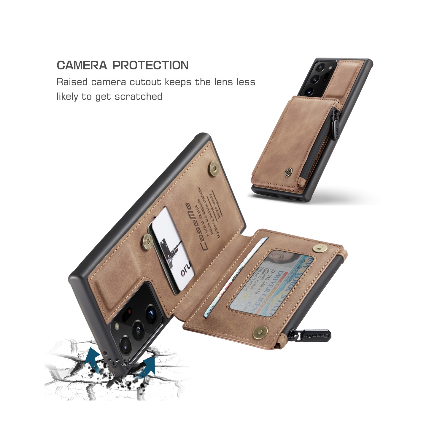 CaseMe Leather Zipper Wallet Card Slot Double Magnetic Clasp Shockproof Back Case Cover for Samsung Galaxy S20 FE -Coffee