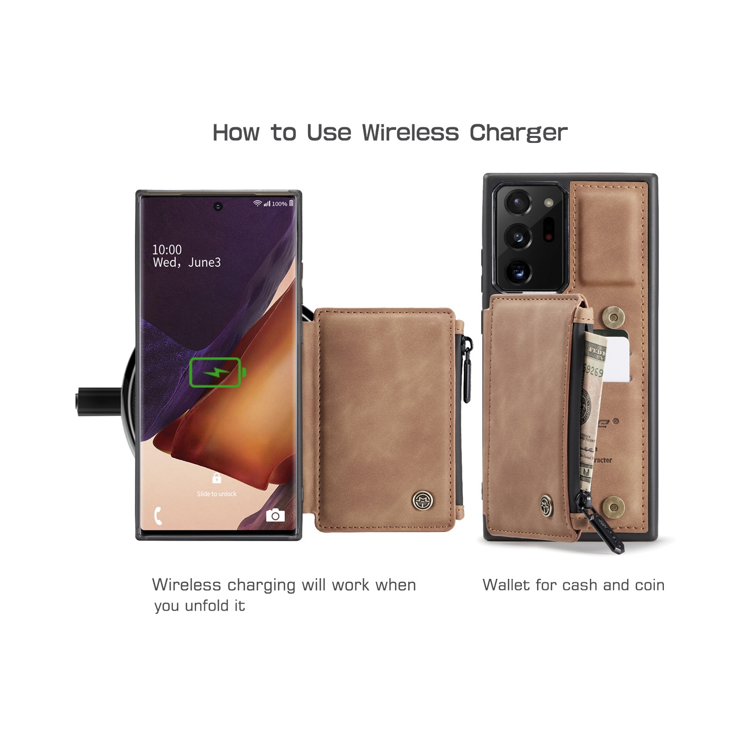 CaseMe Leather Zipper Wallet Card Slot Double Magnetic Clasp Shockproof Back Case Cover for Samsung Galaxy S20 FE -Coffee