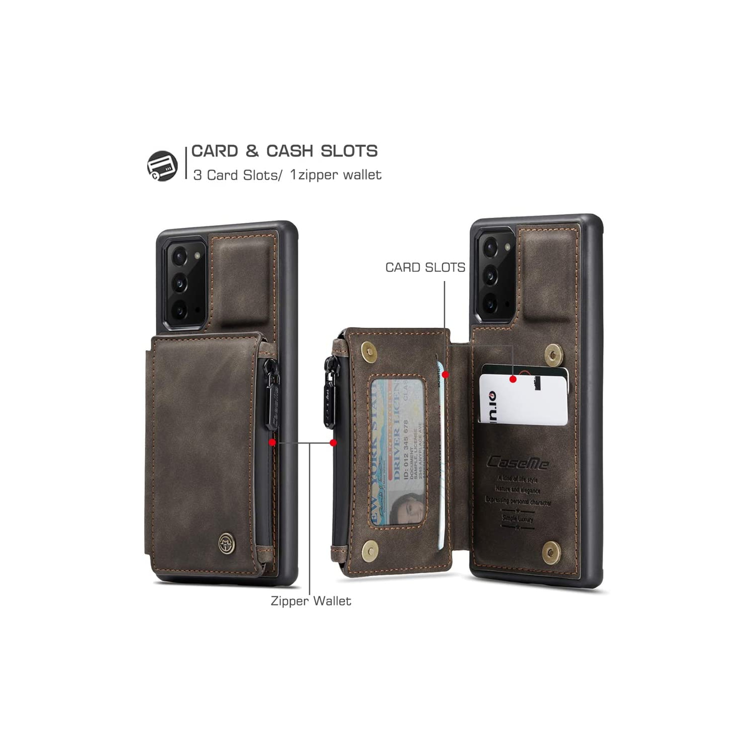 CaseMe Leather Zipper Wallet Card Slot Double Magnetic Clasp Shockproof Back Case Cover for Samsung Galaxy S20 FE -Brown
