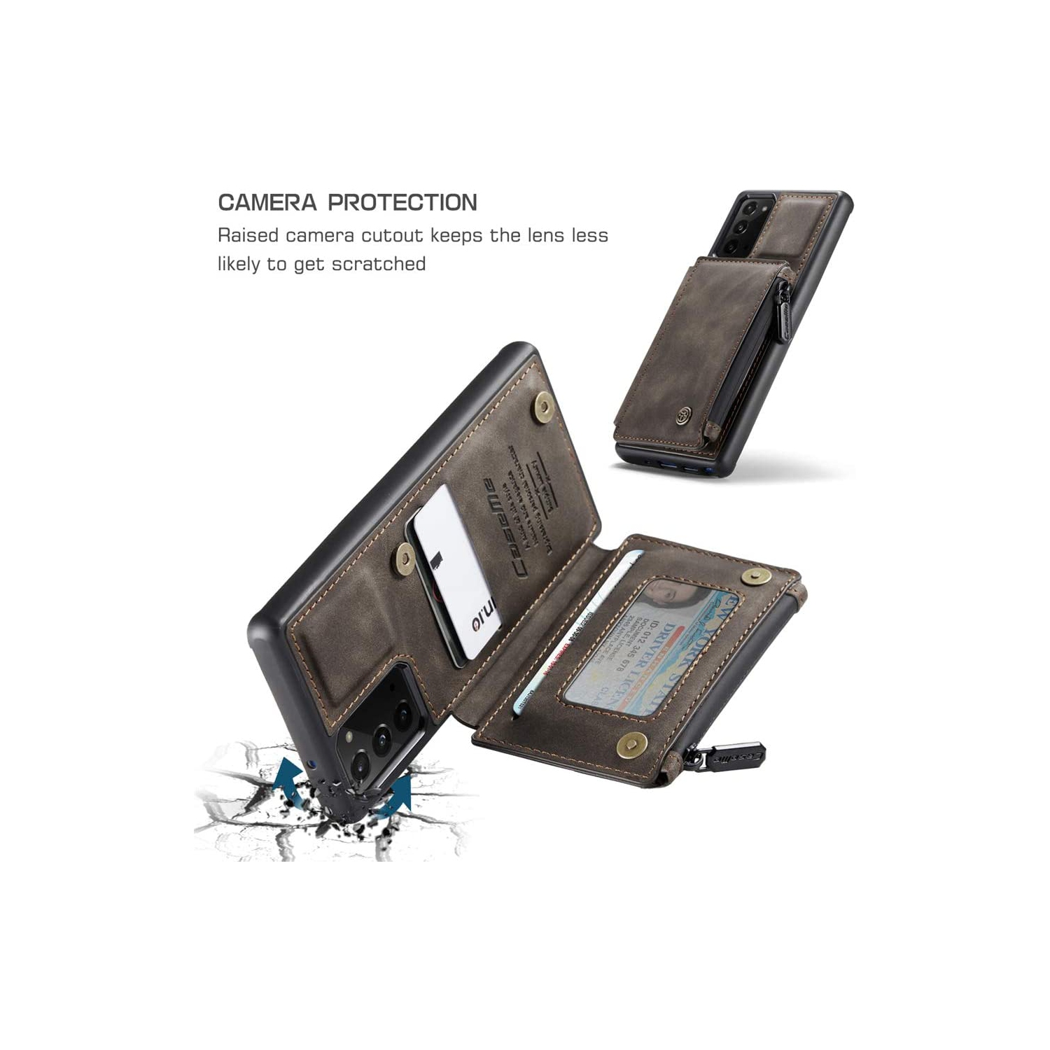 CaseMe Leather Zipper Wallet Card Slot Double Magnetic Clasp Shockproof Back Case Cover for Samsung Galaxy S20 FE -Brown