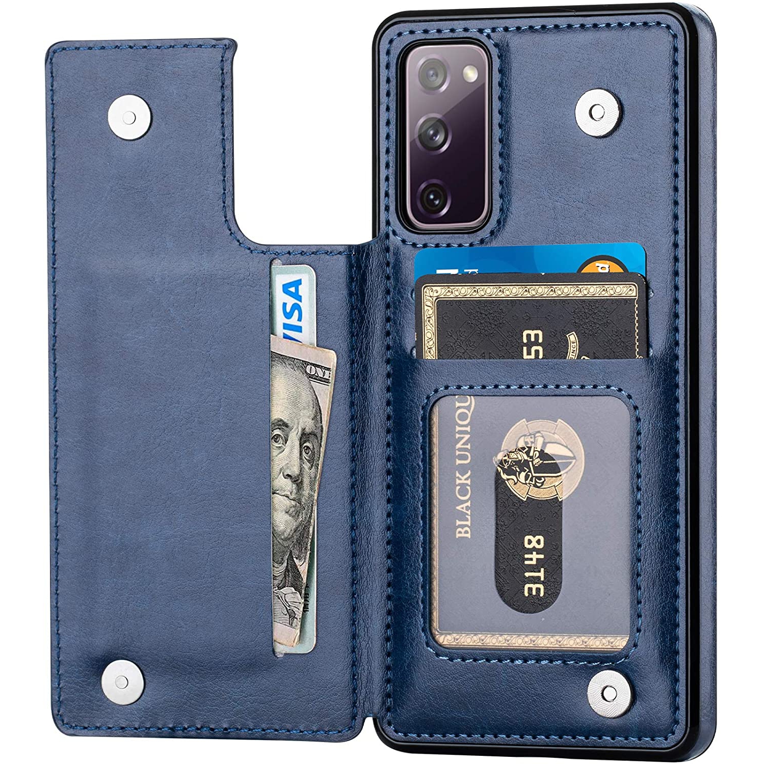 Loris & Case – Étui portefeuille en cuir de haute qualité avec béquille pour carte de protection antichoc pour Galaxy S20 FE de Samsung – Bleu