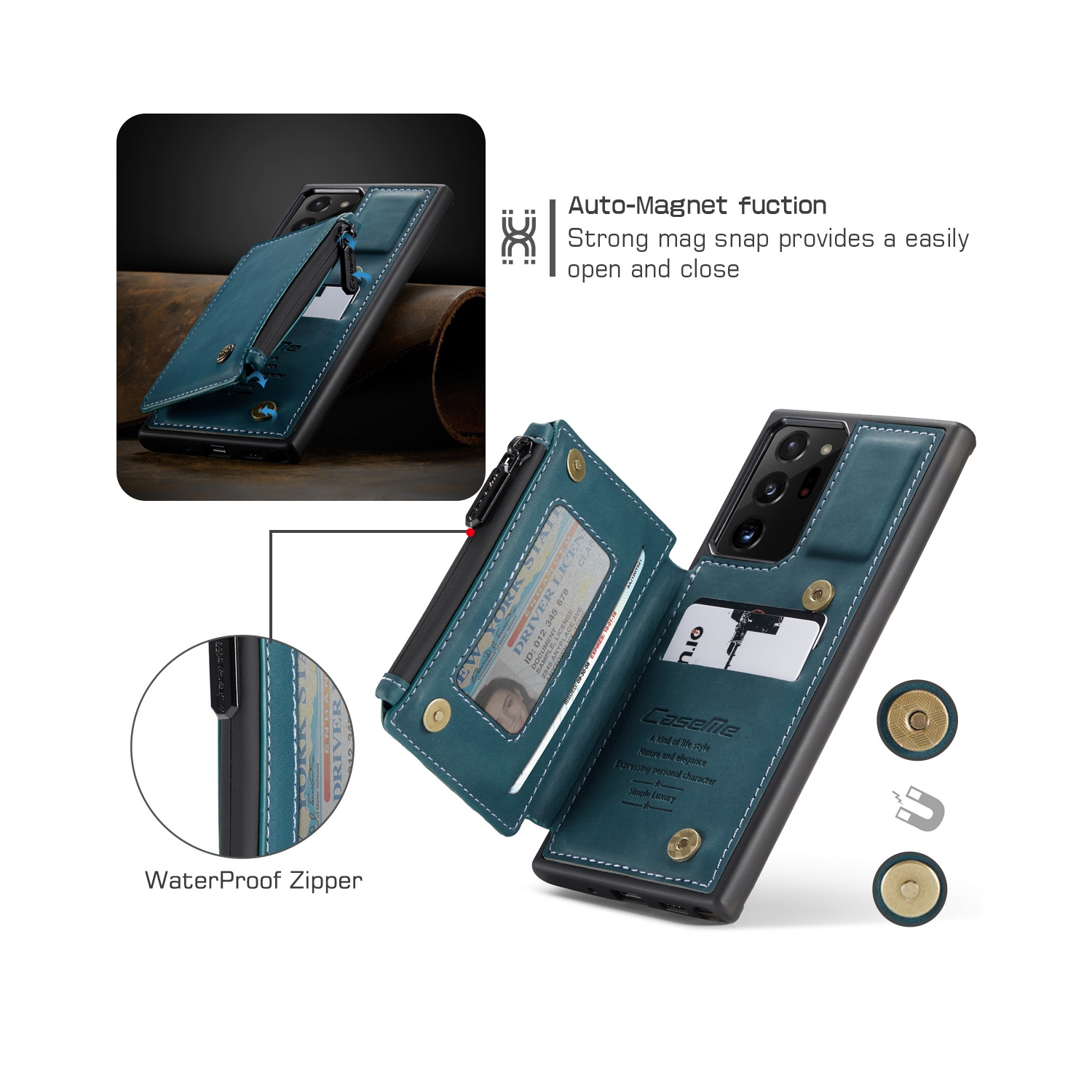 CaseMe Leather Zipper Wallet Card Slot Double Magnetic Clasp Shockproof Back Case Cover for Samsung Galaxy NOTE 20 ULTRA -Blue