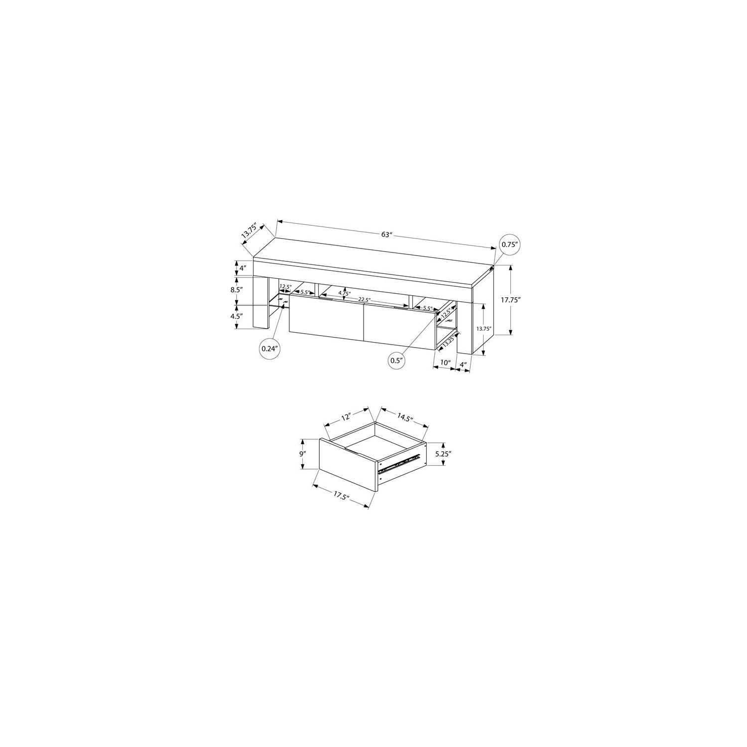 Meuble pour téléviseur de 63 po pour chambre à coucher fini stratifié blanc lustré