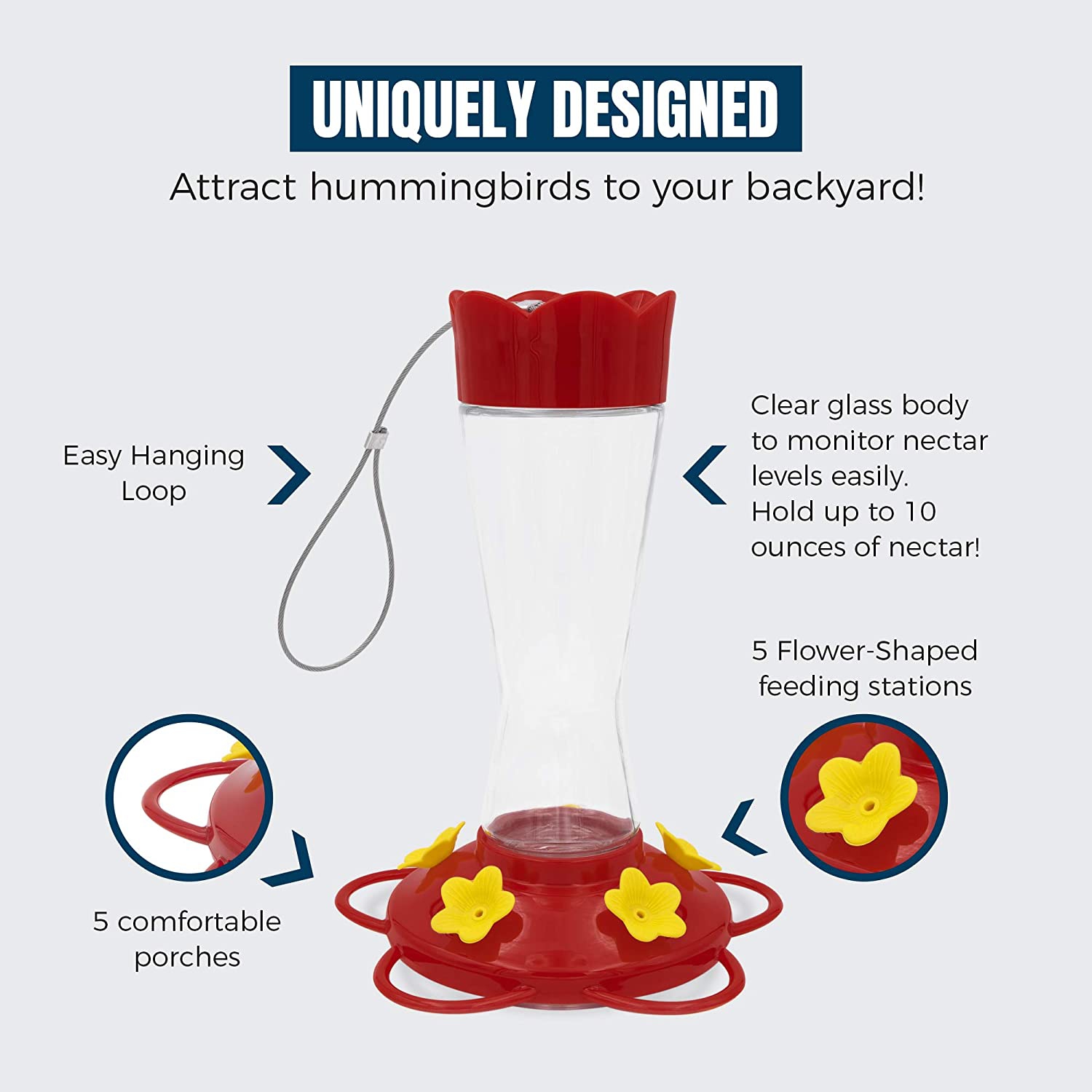 MEKKAPRO Outdoor Hummingbird Feeder Made from Glass Hanging 5 Nectar Feeding Stations Bright Red