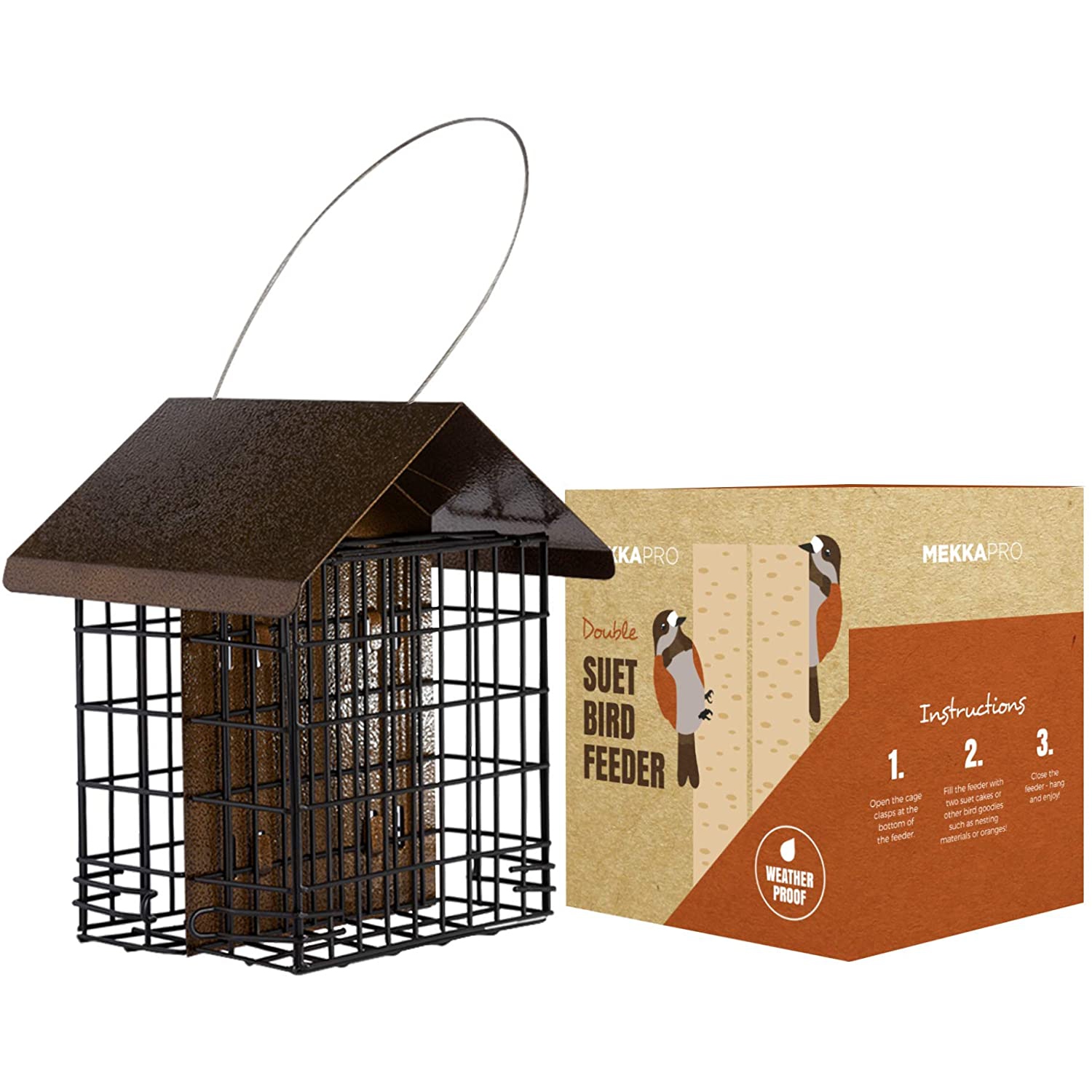 MEKKAPRO Double Suet Wild Bird Feeder with Hanging Metal Roof Two Suet Capacity Bird Feed Recommended