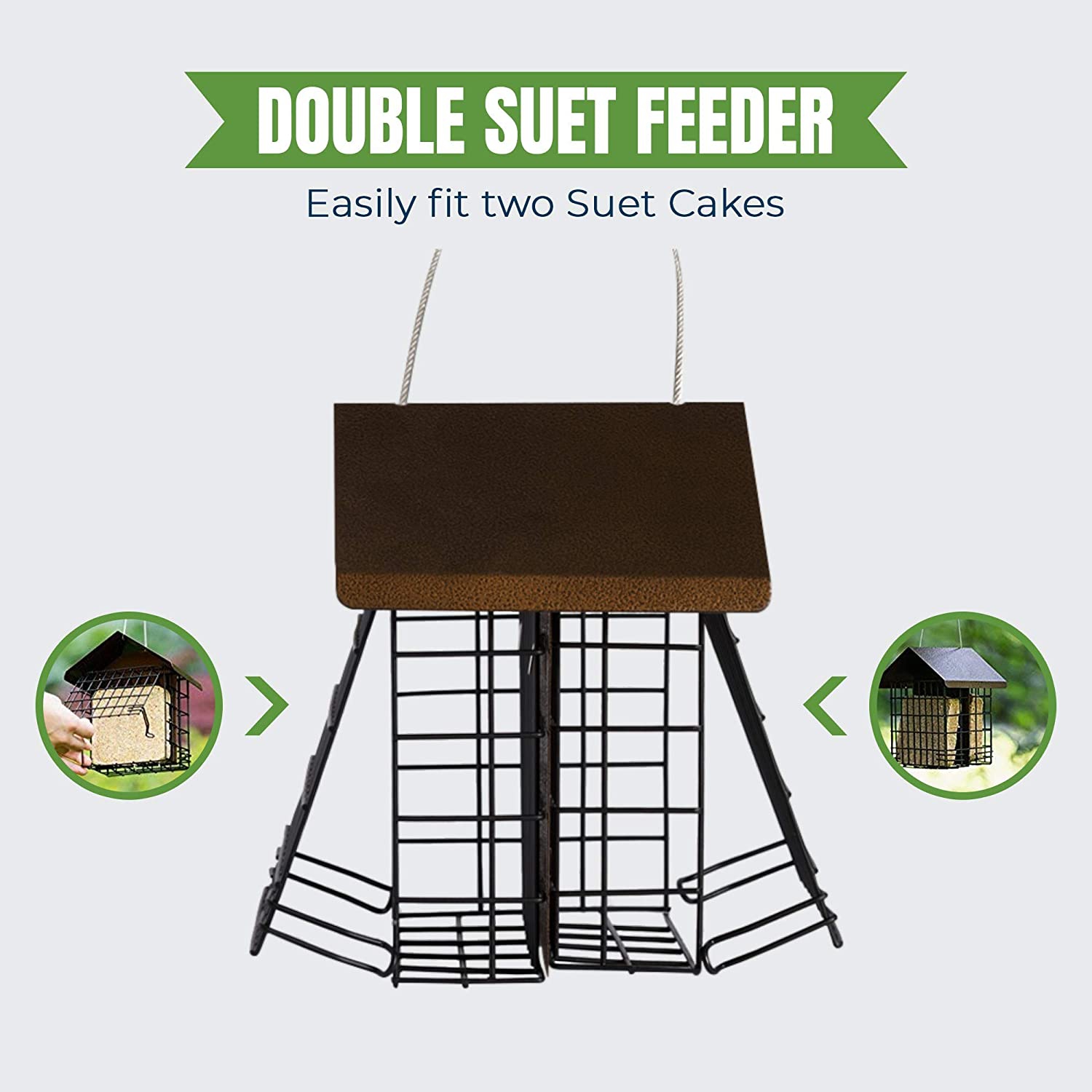 MEKKAPRO Double Suet Wild Bird Feeder with Hanging Metal Roof Two Suet Capacity Bird Feed Recommended