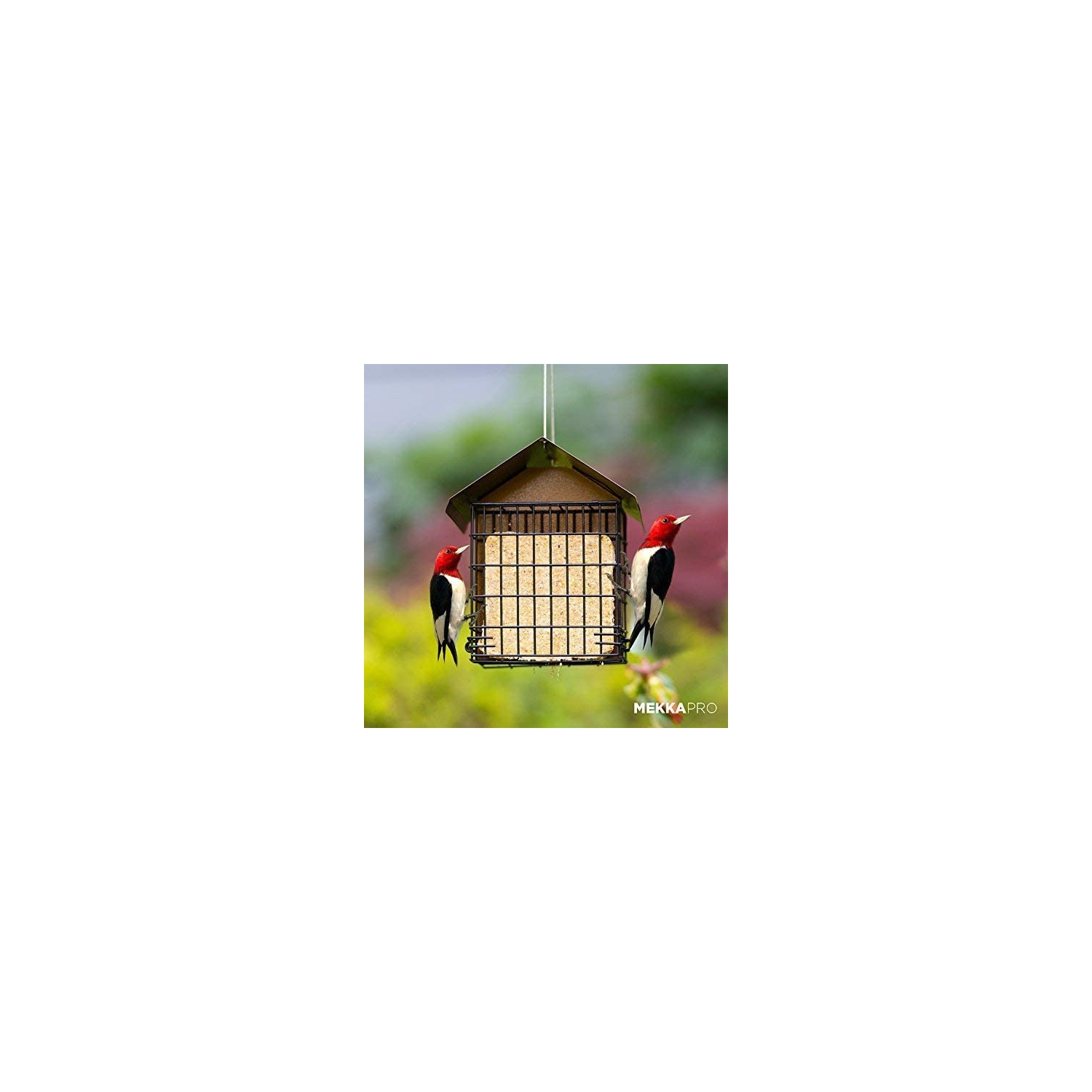 MEKKAPRO Double Suet Wild Bird Feeder with Hanging Metal Roof Two Suet Capacity Bird Feed Recommended